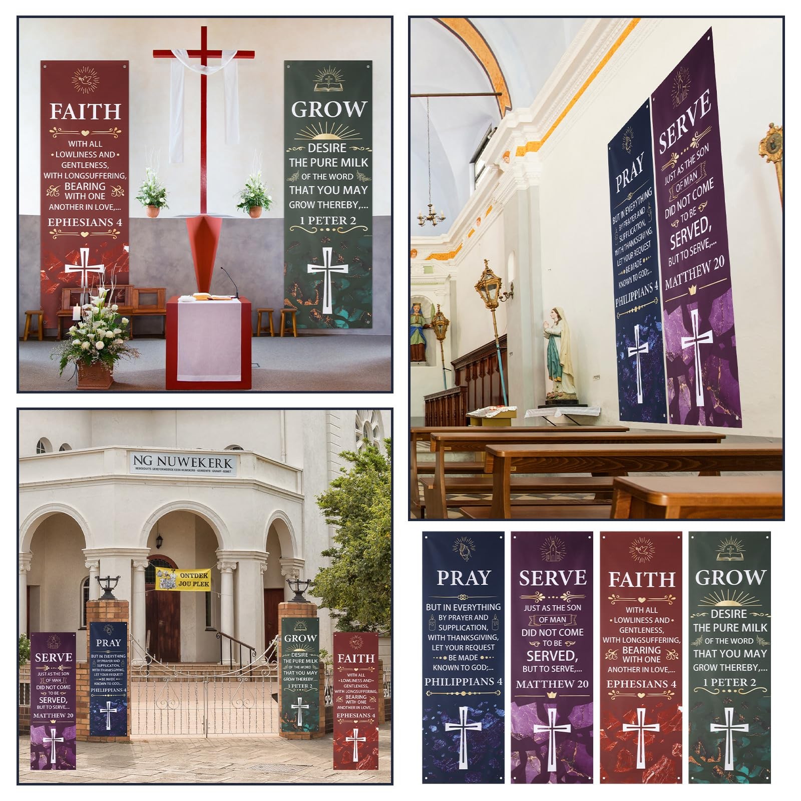 4 Pcs Church Banners with Scripture 2ft x 6ft Oxford Cloth Church Banners for…
