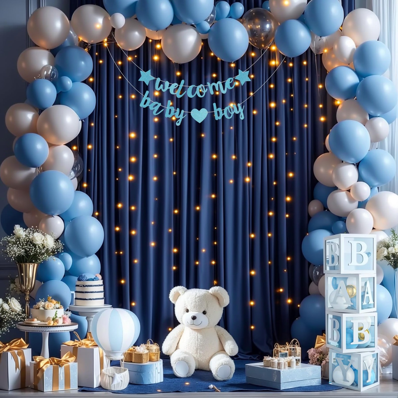 10x10FT Navy Blue Backdrop Curtains, Lights, 2 Panels 5x10ft, Wrinkle Free