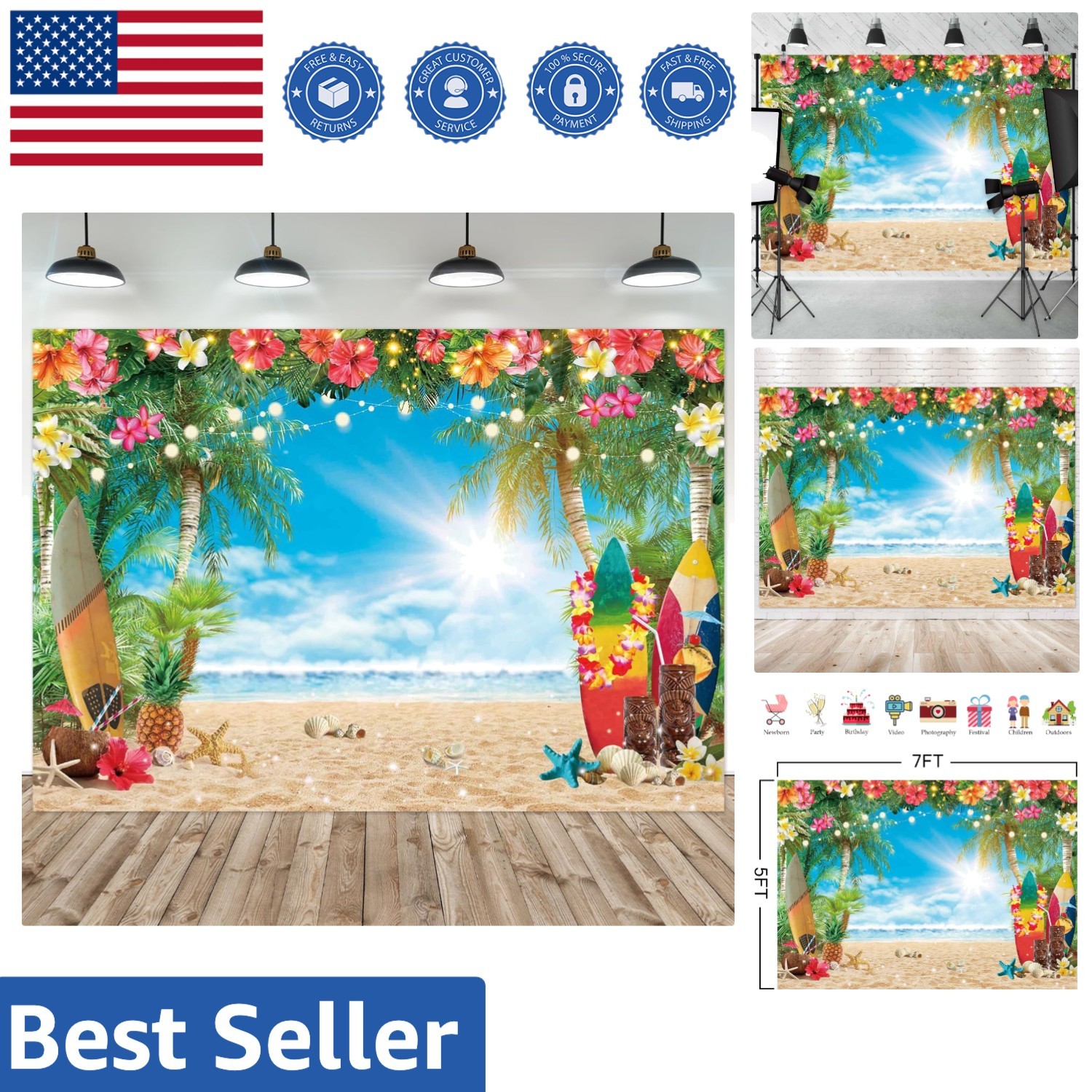Durable 7x5FT Tropical Photography Background for Memorable Summer Events
