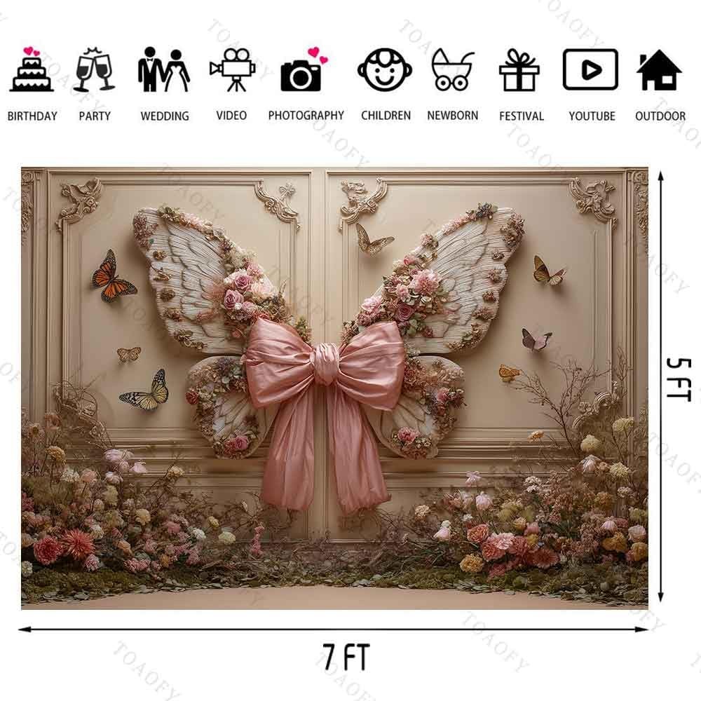 7×5ft Bow Butterfly Backdrop, Butterfly Wings Backdrop, Girls Party Decoratio…