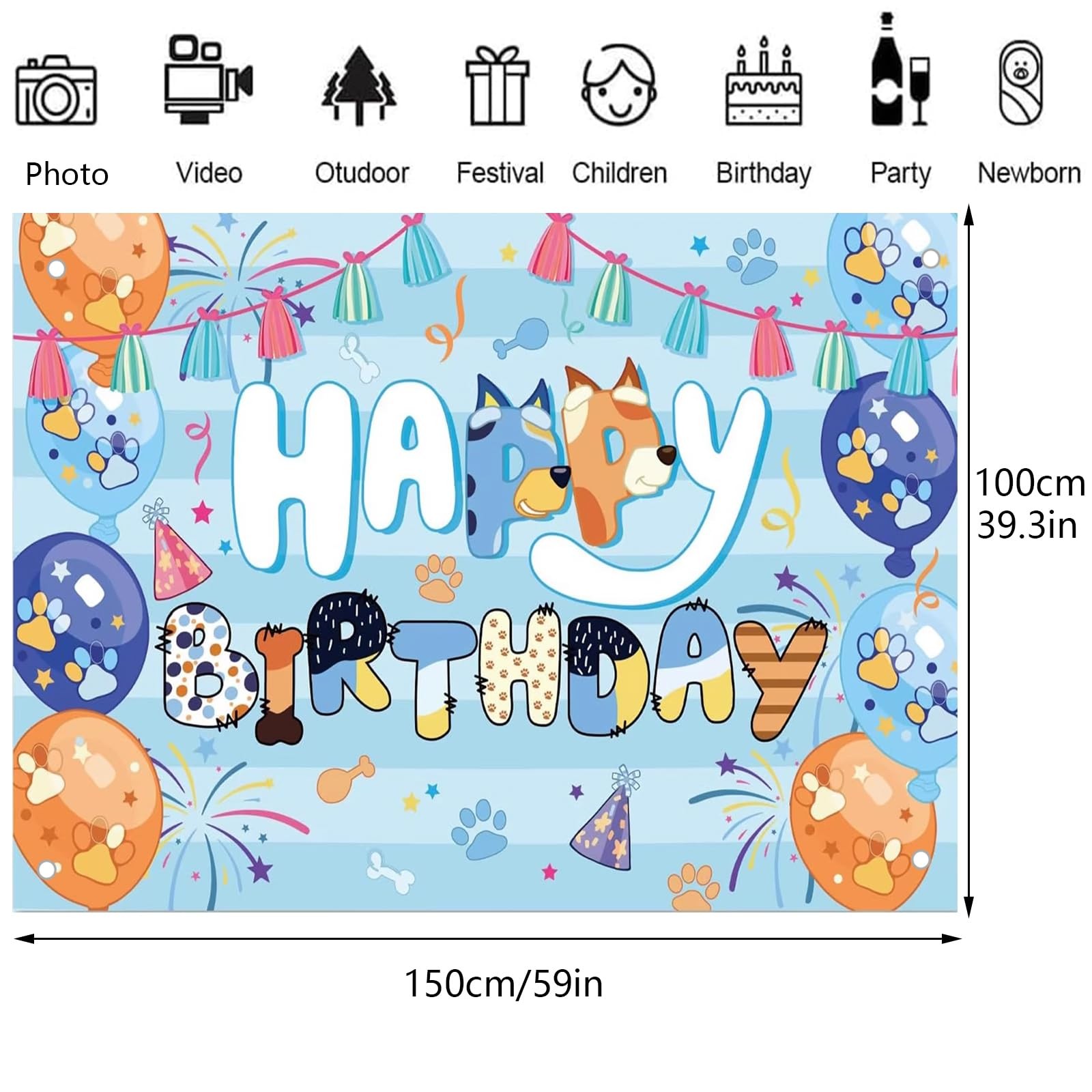 5x3ft Blue Dog Birthday Background Kids Cartoon 39″ x 59″, Blue-Dog