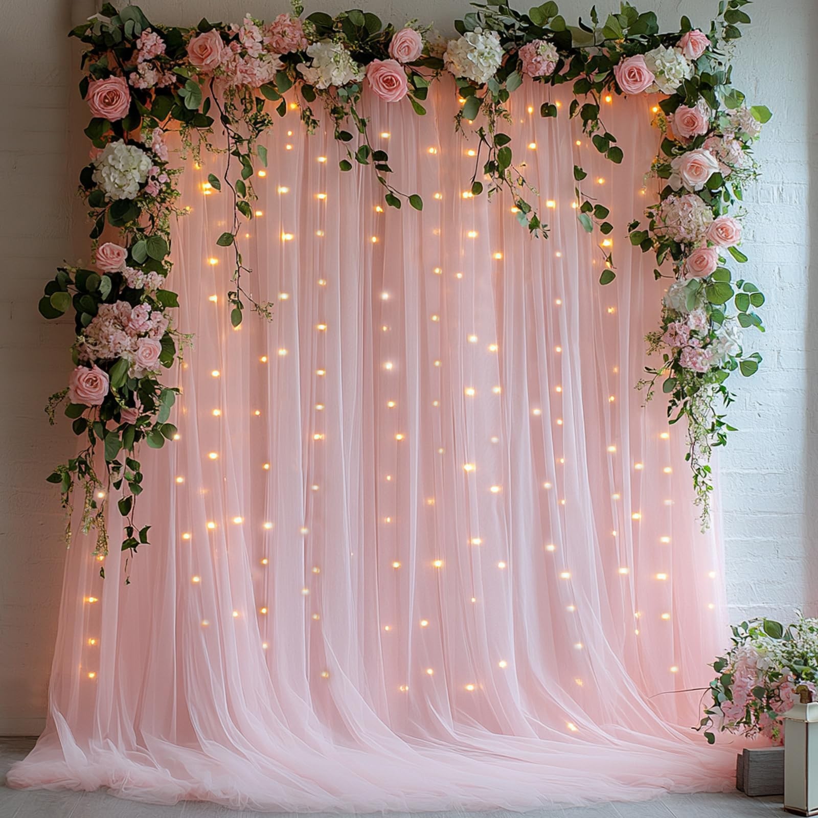 Pink Tulle Curtain Backdrop 300 LED Fairy Lights Sheer WrinkleFree 10×10 Ft