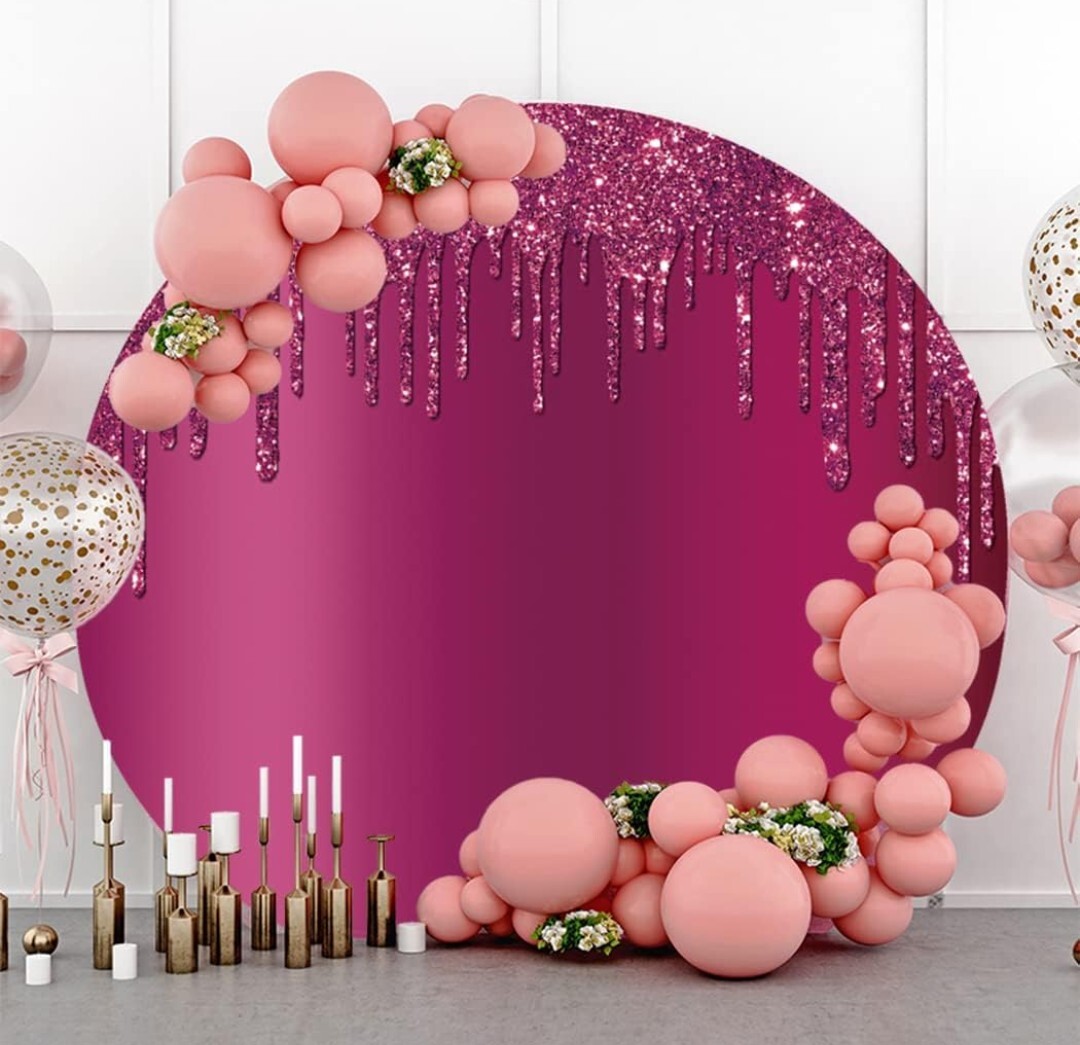 7x7ft Round Backdrop Cover Hot Pink Glitter Sequins Drippy Circle Photo Backgrou