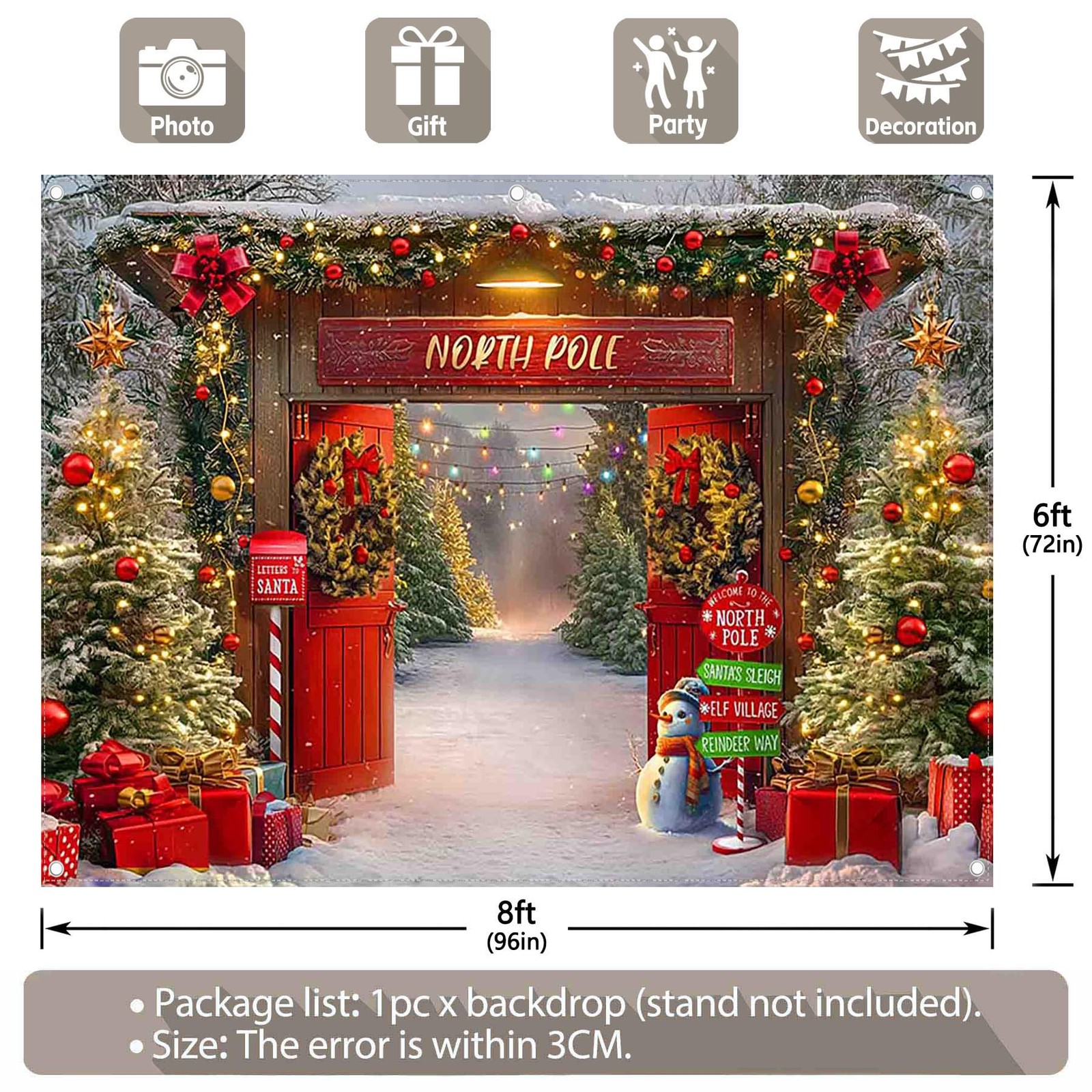 8x6ft Fabric Christmas Backdrop Winter Forest Wooden Barn Door North Pole Sno…