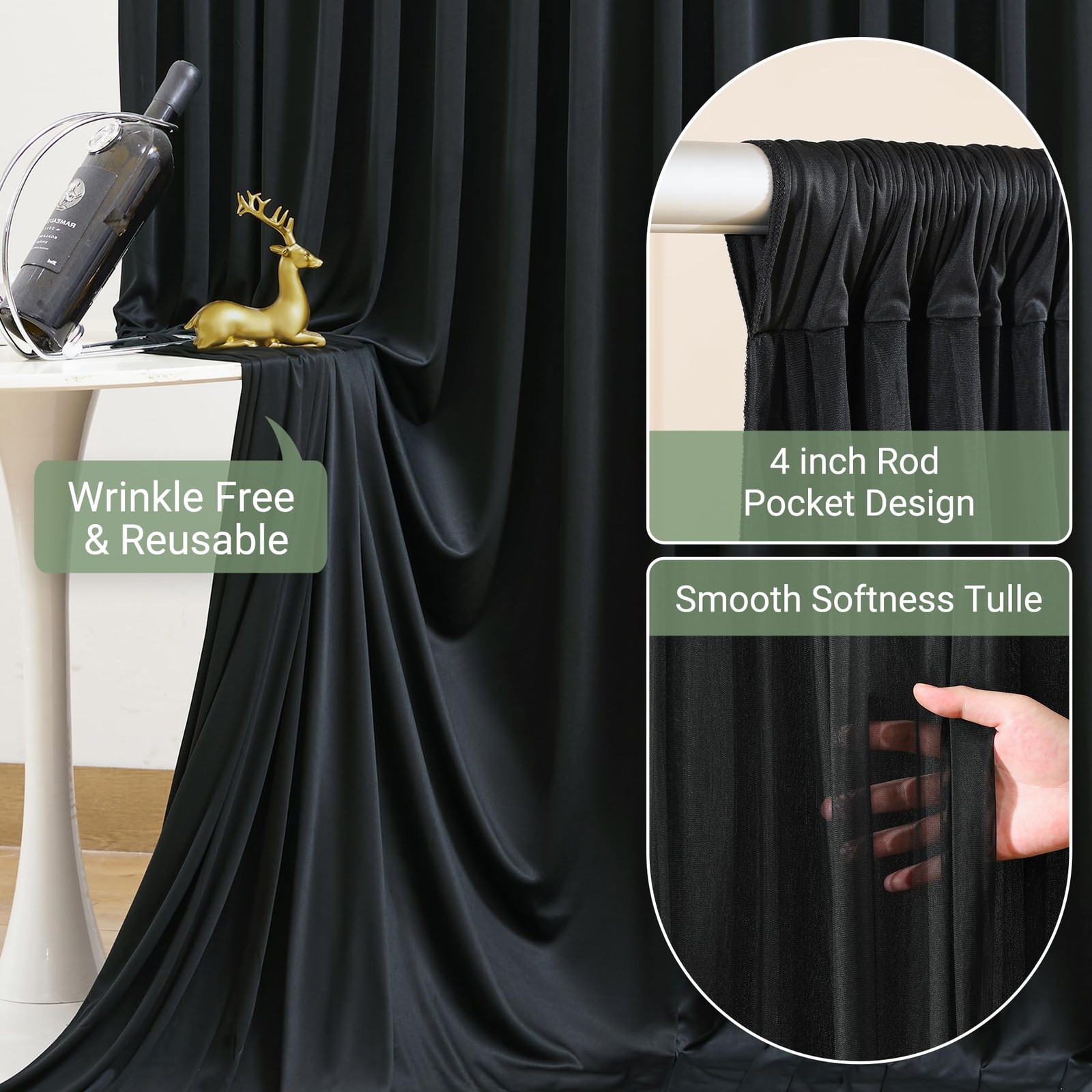 Black Tulle Backdrop Curtain 5×10 Ft Wrinkle Free Drapes Wedding Party Decor