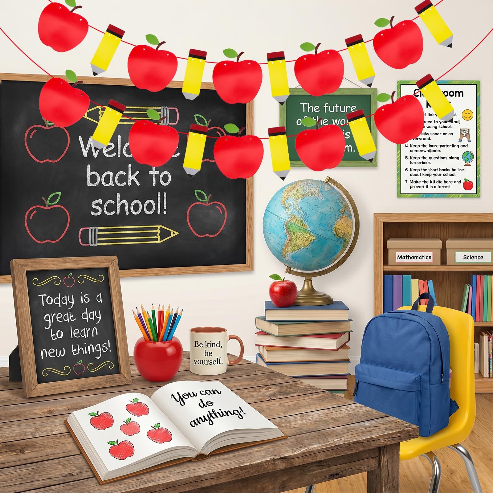 2pcs Back to School Decorations Pencil Apple Garland Banner Hanging Decor for…