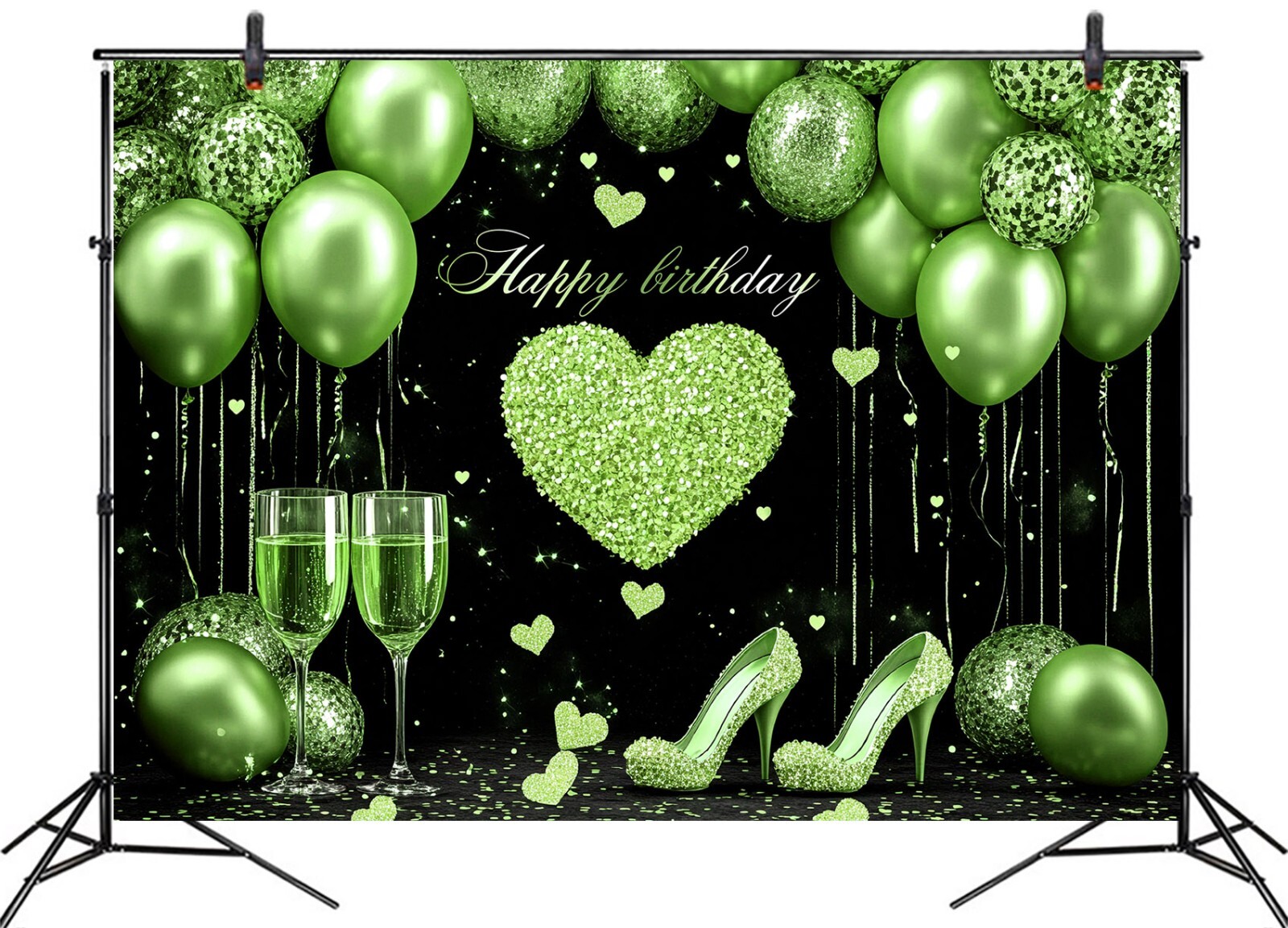 10x8ft Sage Green Balloon on Black Happy Birthday Photo Background Studio Props