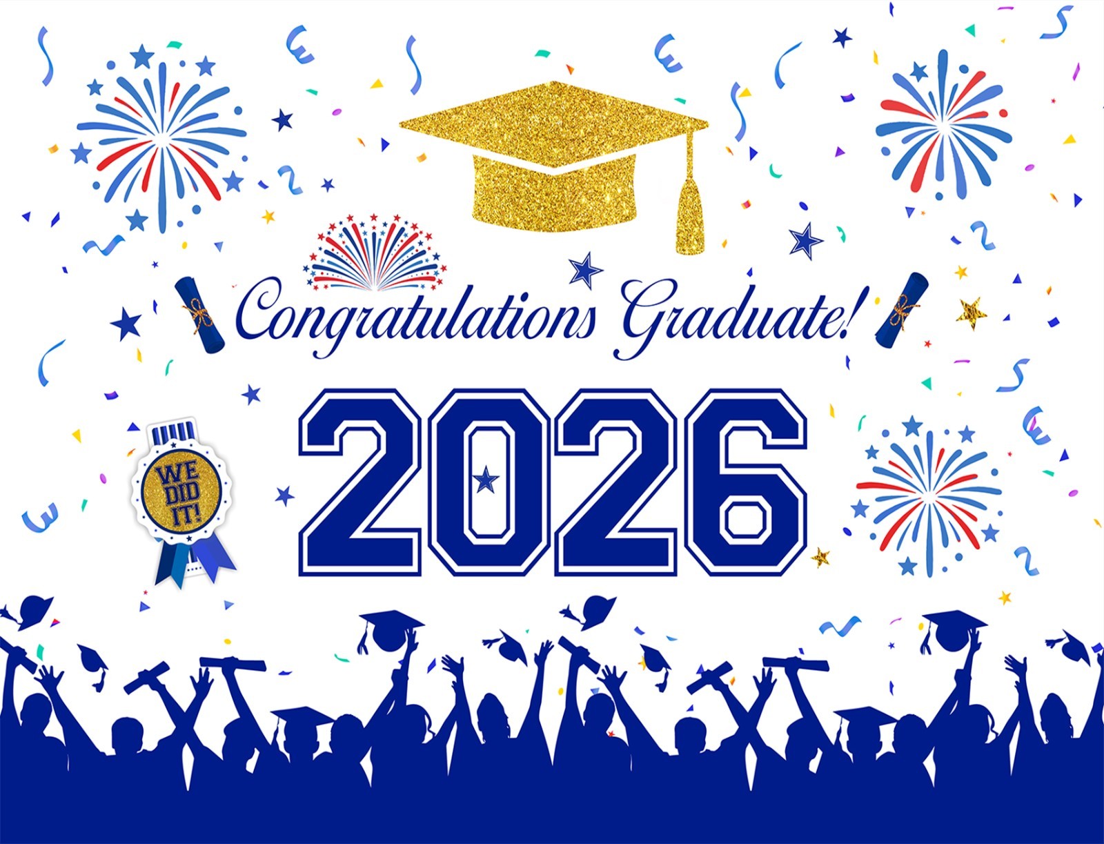 10x8ft Graduation 2026 Backdrop Banner Blue Gold Congrats Grad Photo Background