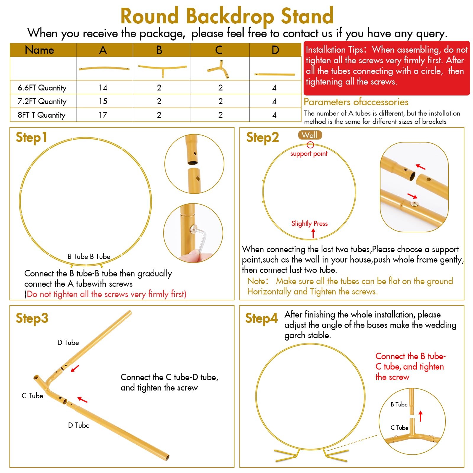 7.2FT Round Backdrop Stand, Circle Gold Balloon Wedding Arch Frame, Metal Wed…