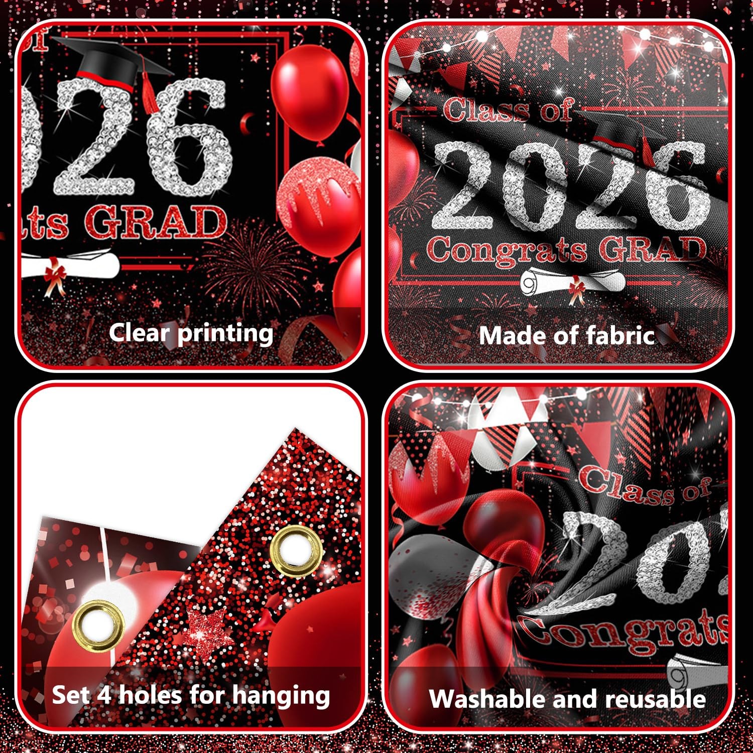 Red Graduation Backdrop Red and Black Graduation Decorations 2026 Congrats Grad