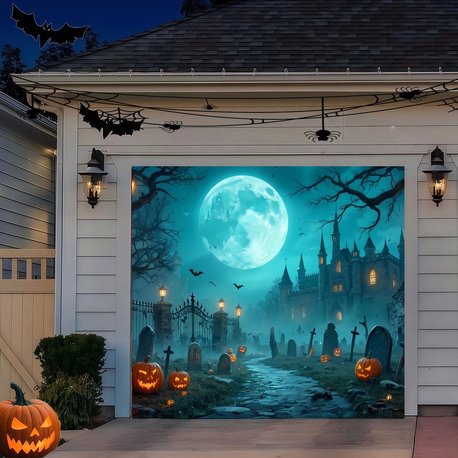 Halloween Garage Door Cover Banner, 8 x 7FT Large Hanging Backdrop Door Cover…