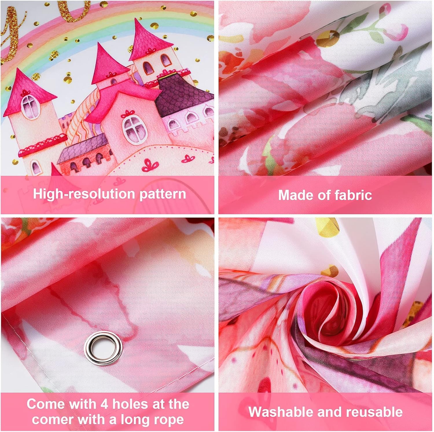 Tegeme Princess Birthday Party Backdrop Pink Royal Castle Large, Pink,Rainbow