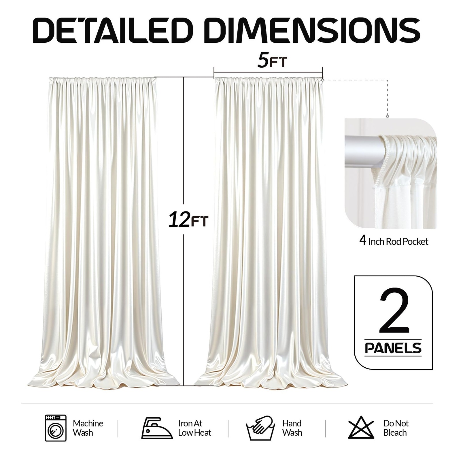 2 Panels 5x12ft Ivory Satin Backdrop Curtains Wrinkle Free Photo Wedding Party