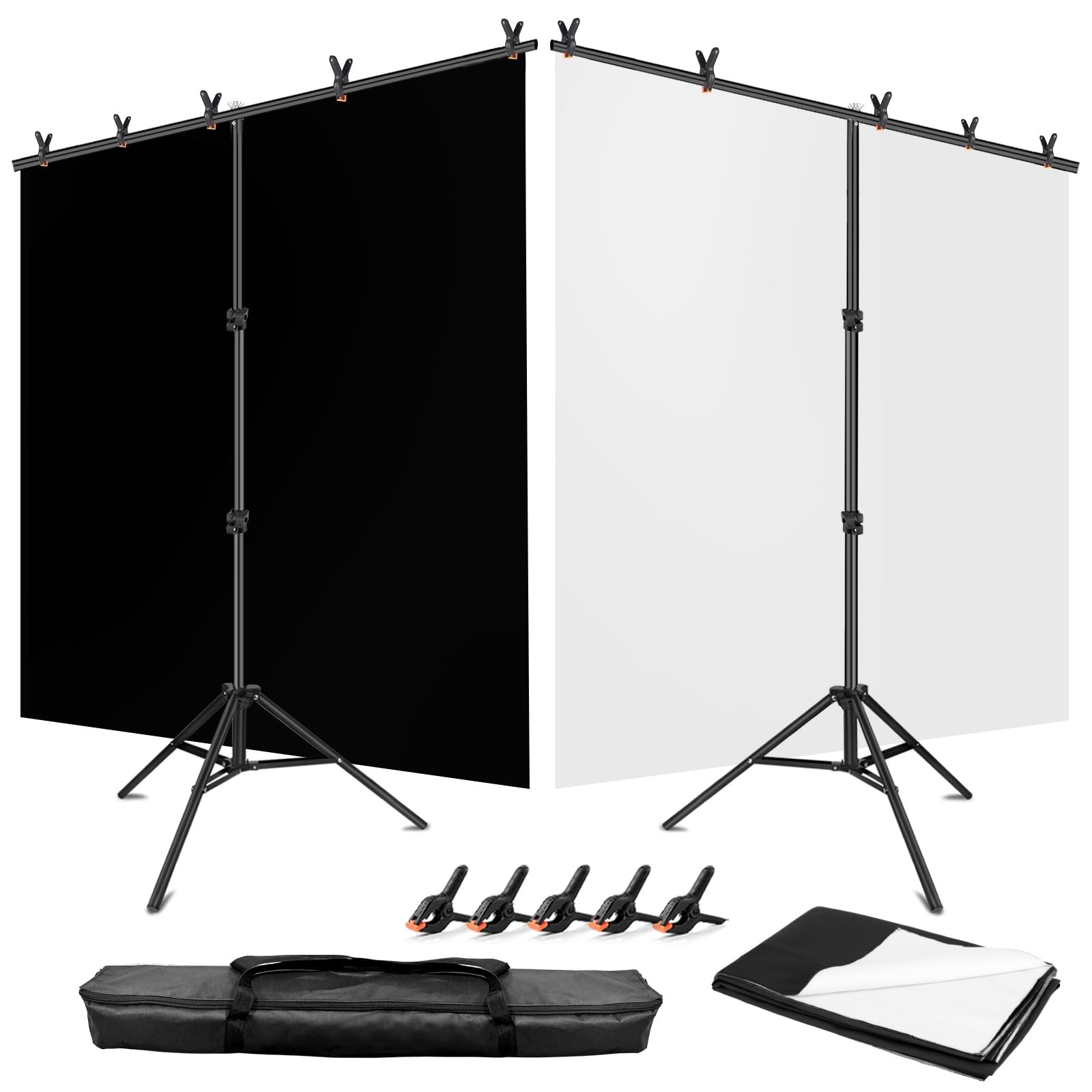 5×6.5ft Reversible Black & White Backdrop Screen Kit with T-Stand & 5 Clamps