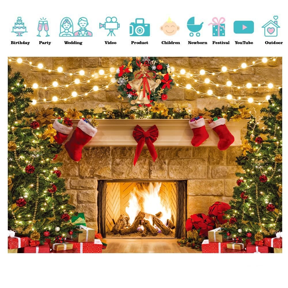 Christmas Backdrop Fireplace Photo Background Tree Theme Party 12804 82×59 In