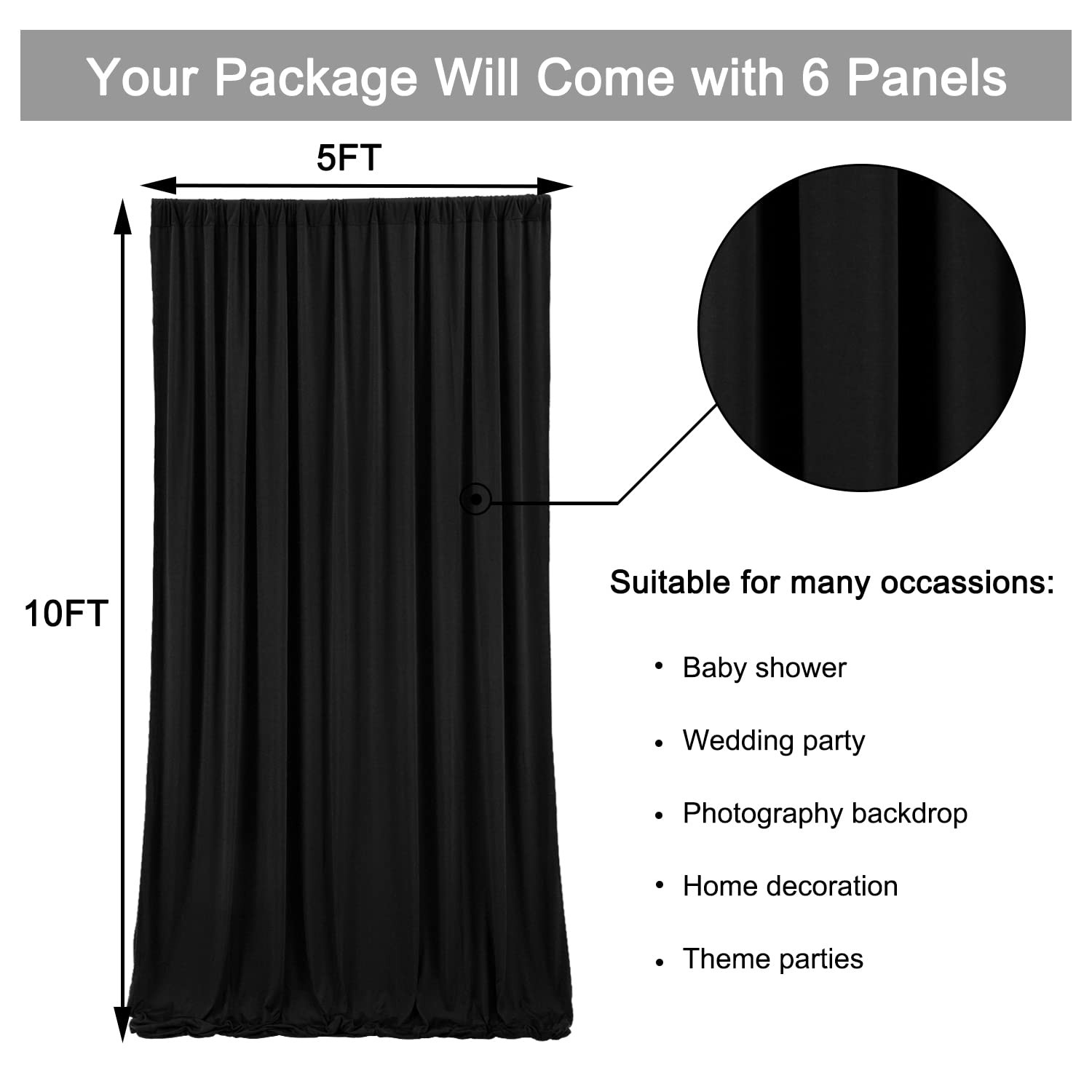 30ft x 10ft Wrinkle Free Black Backdrop Curtain for Parties, 6 Panels 5X10ft …
