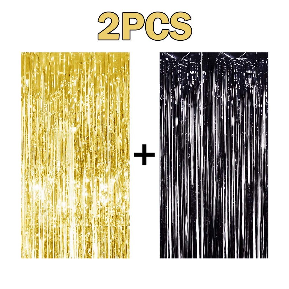 Black and Gold Tinsel Foil Fringe Curtains for New Year’s, Halloween, Graduation