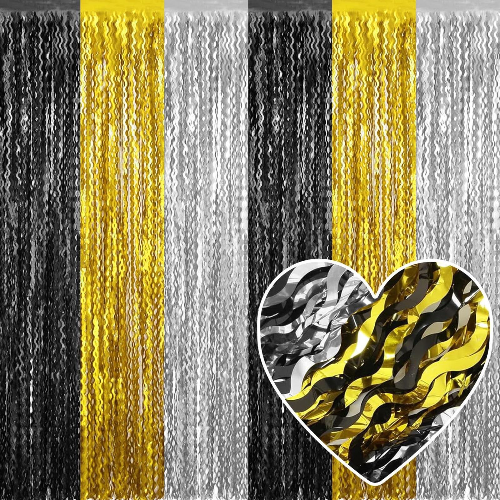 Black Gold Silver Fringe Curtain Backdrop Metallic Tinsel 3.2×8.2FT 4 PCS