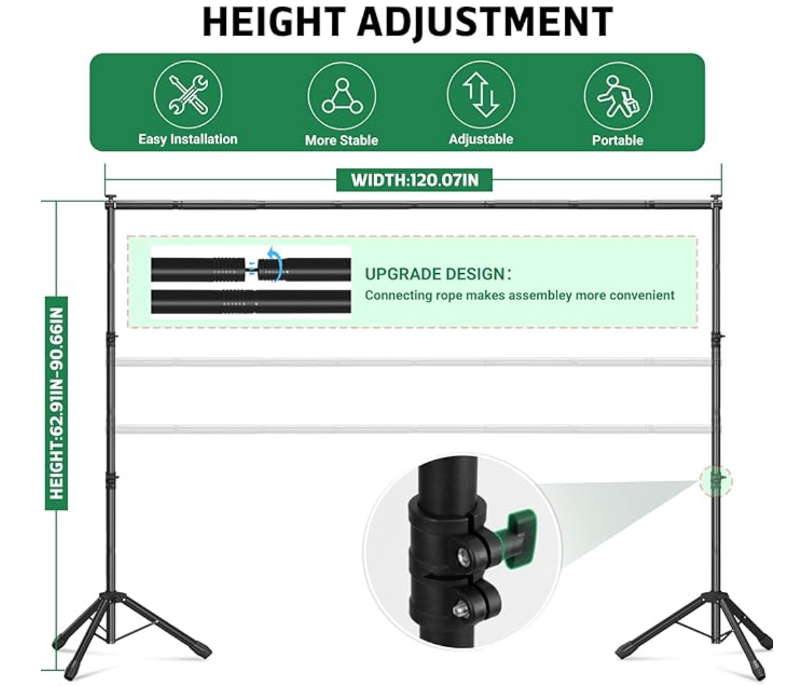 3-in-1 Adjustable Backdrop Stand 10 x 7.5 FT, Portable Photography Background St
