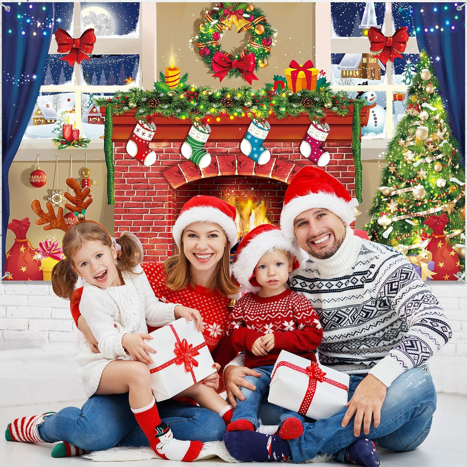 6×4 feet Christmas Fireplace Theme Backdrop Christmas Brick Wall Theme Decoratio