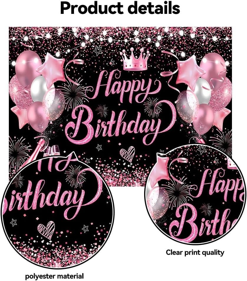 7X5Ft Pink and Black Happy Birthday Backdrop Women Birthday Party Photography