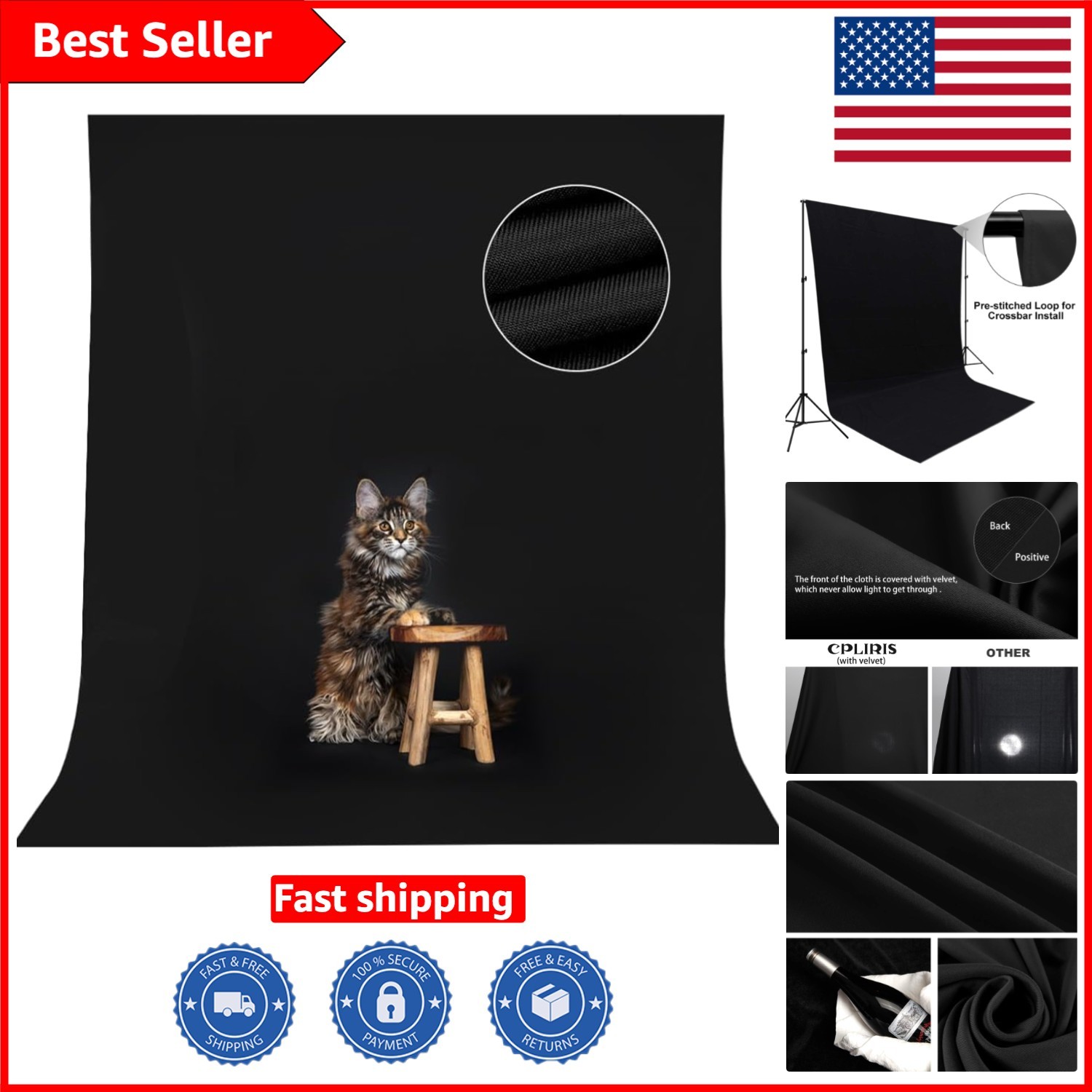 5x7ft High-Density Black Photography Backdrop – Durable Polyester Curtain