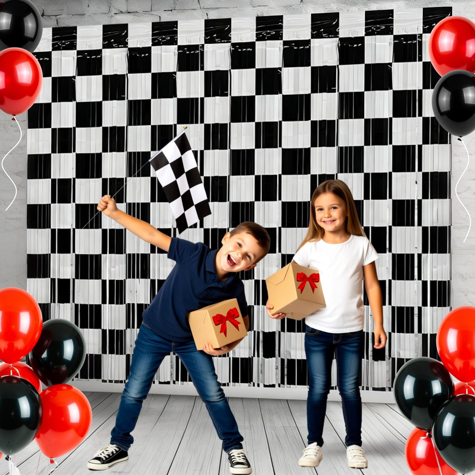 Birthday Party Streamers Photo Booth Backdrops Black White Checkered Foil