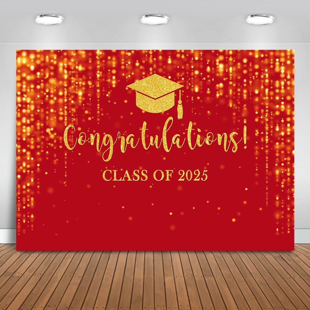 Class of 2025 Backdrop Red Gold Glitter Bokeh Graduation Party Background 202…