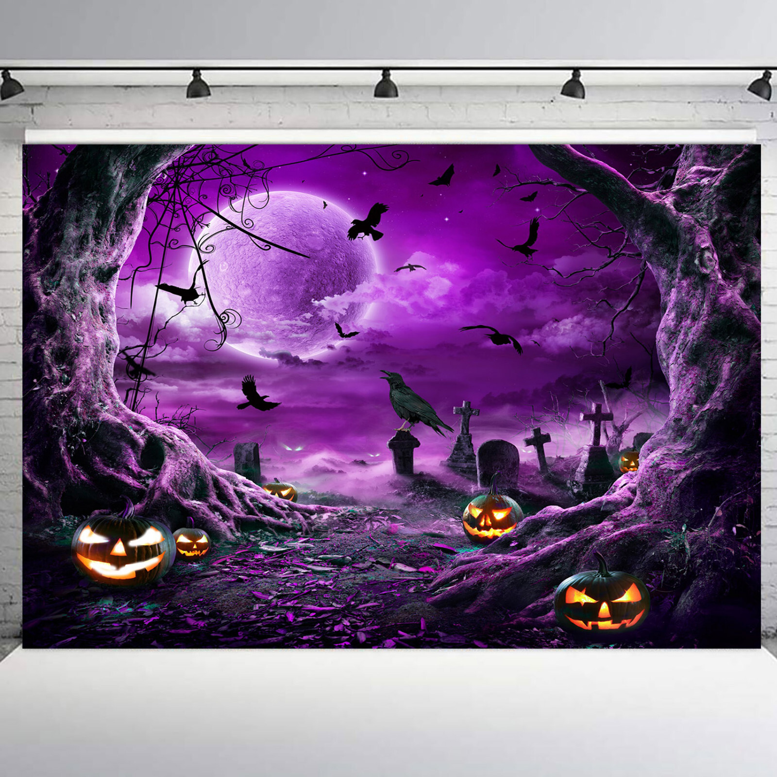 Full Moon Gloomy Spooky Cemetery Crow Halloween Vinyl Backdrop Photo Background