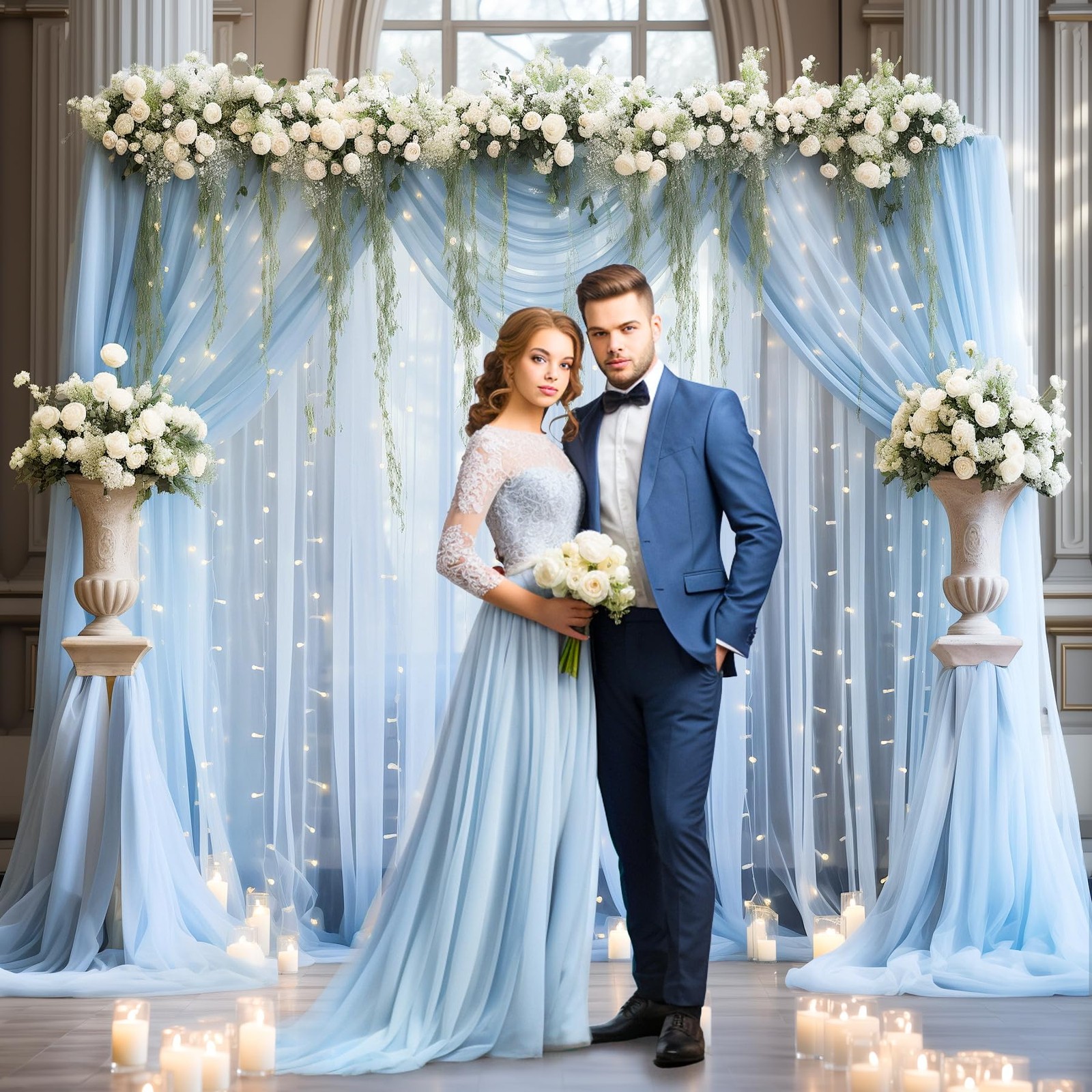 Tulle Backdrop Curtain Light String Wedding Ceremony Reception Baby Blue 10x10ft
