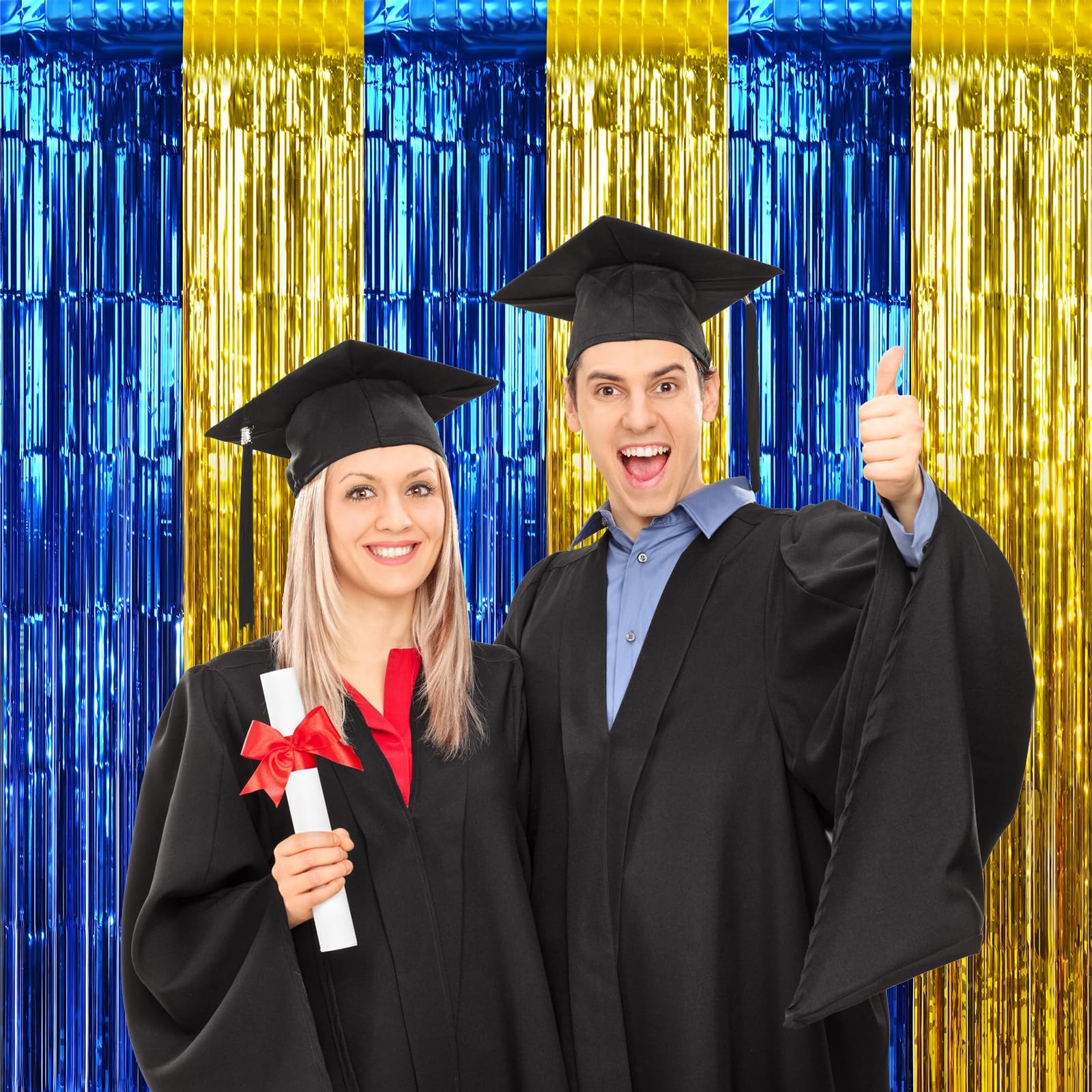 6 Pack 3.3Ft x 6.6Ft Graduation Foil Fringe Curtain 3.3X6.6Ft, Blue Gold