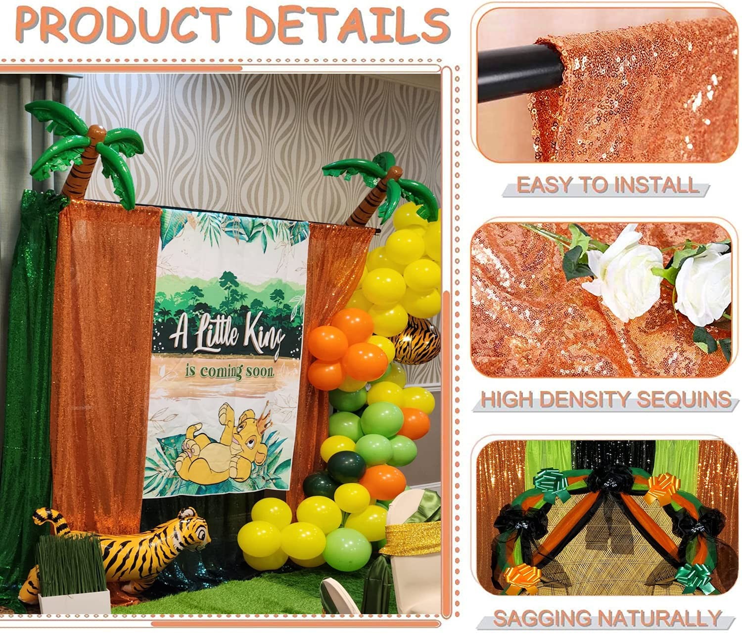 Orange Sequin Backdrop Curtains 2 Panels 2x8FT Glitter Photography Drapes