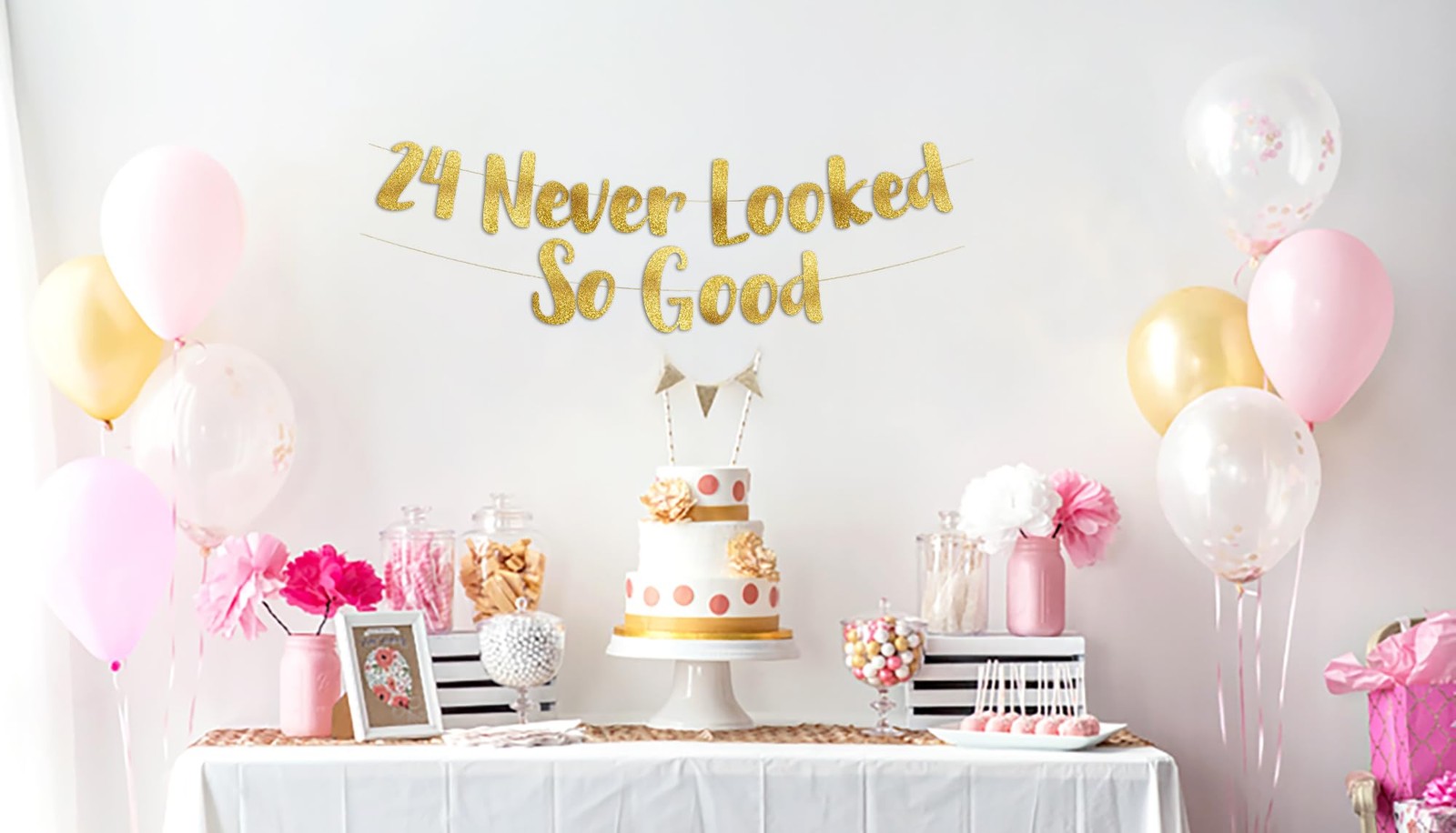 24 Never Looked So Good Gold Glitter Banner – 24th Birthday and Anniversary P…