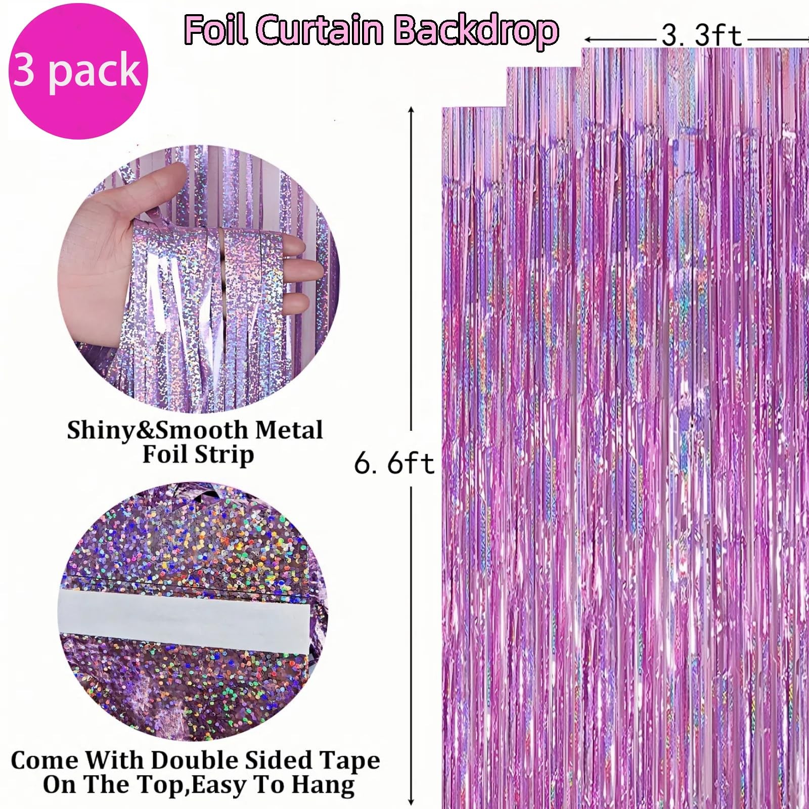 3 Pack Foil Curtain Backdrop 3.3×6.6 ft Tinsel Fringe 3.28 Ft X 6.56 Ft, Pink