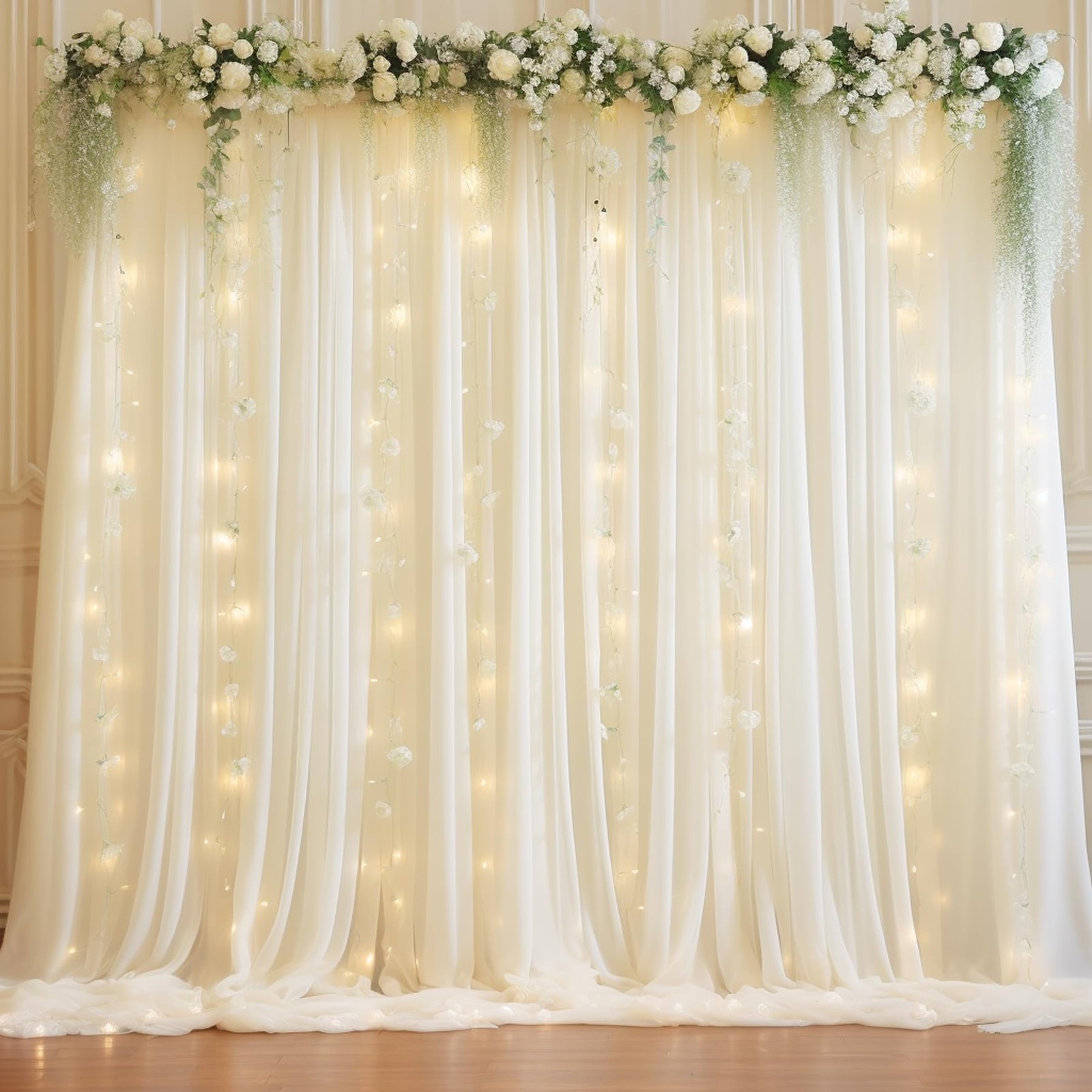 10x10ft Beige Chiffon Backdrop Curtain Lights Wedding Baby Shower Set