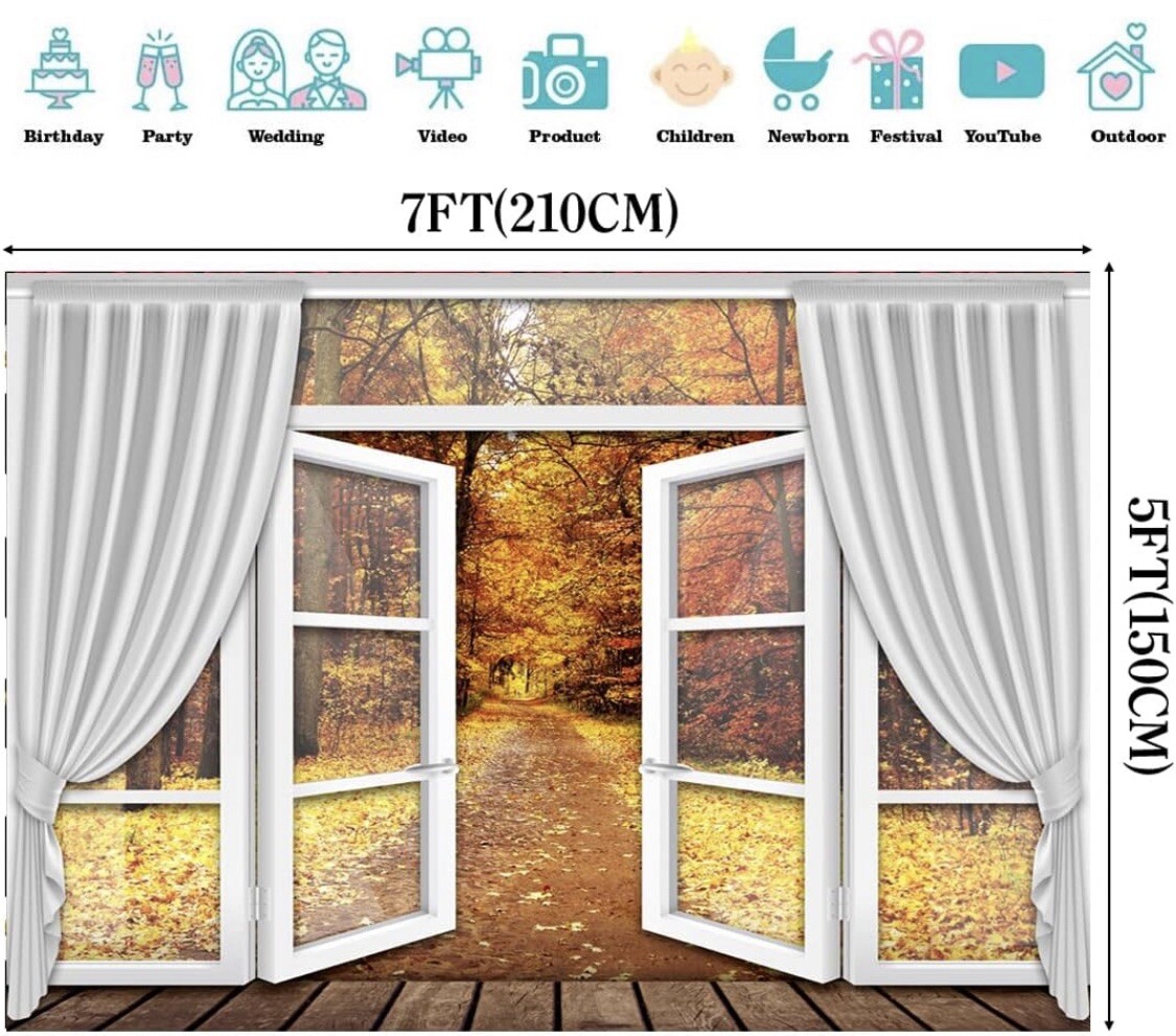 Autumn Forest Photography Backdrop 7 X5 Ft White French Window Curtain Fall Land