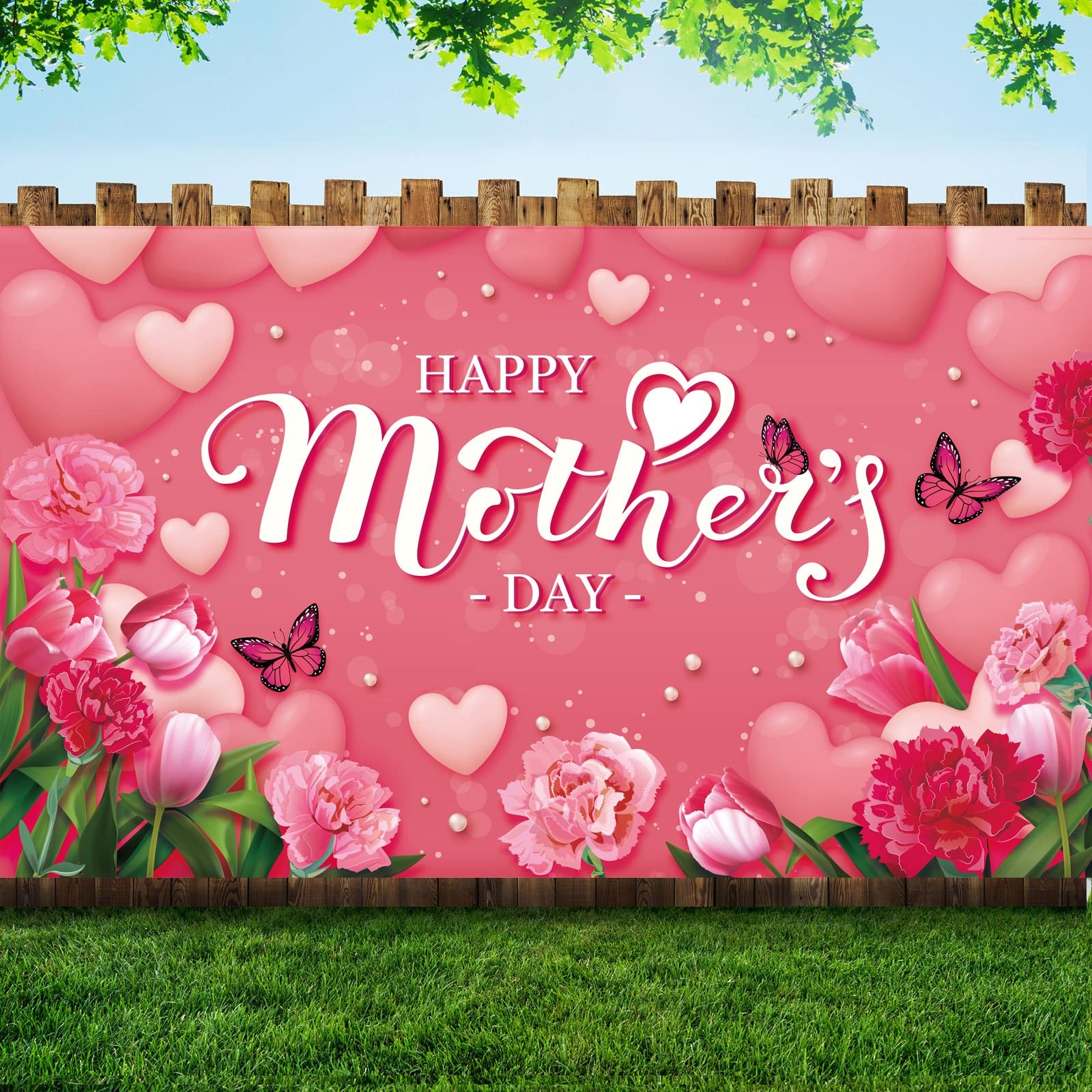 Happy Mother’s Day Banner 72.8 x 43.3 Inch Red Flowers Mothers Day Backdrop Larg