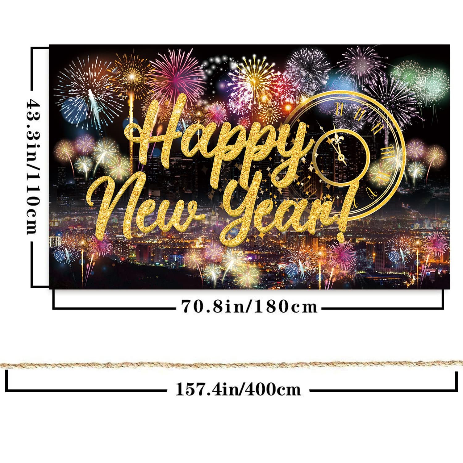 Famoby Happy New Year Fabric Sign Poster Backdrop with Fireworks for Large, b