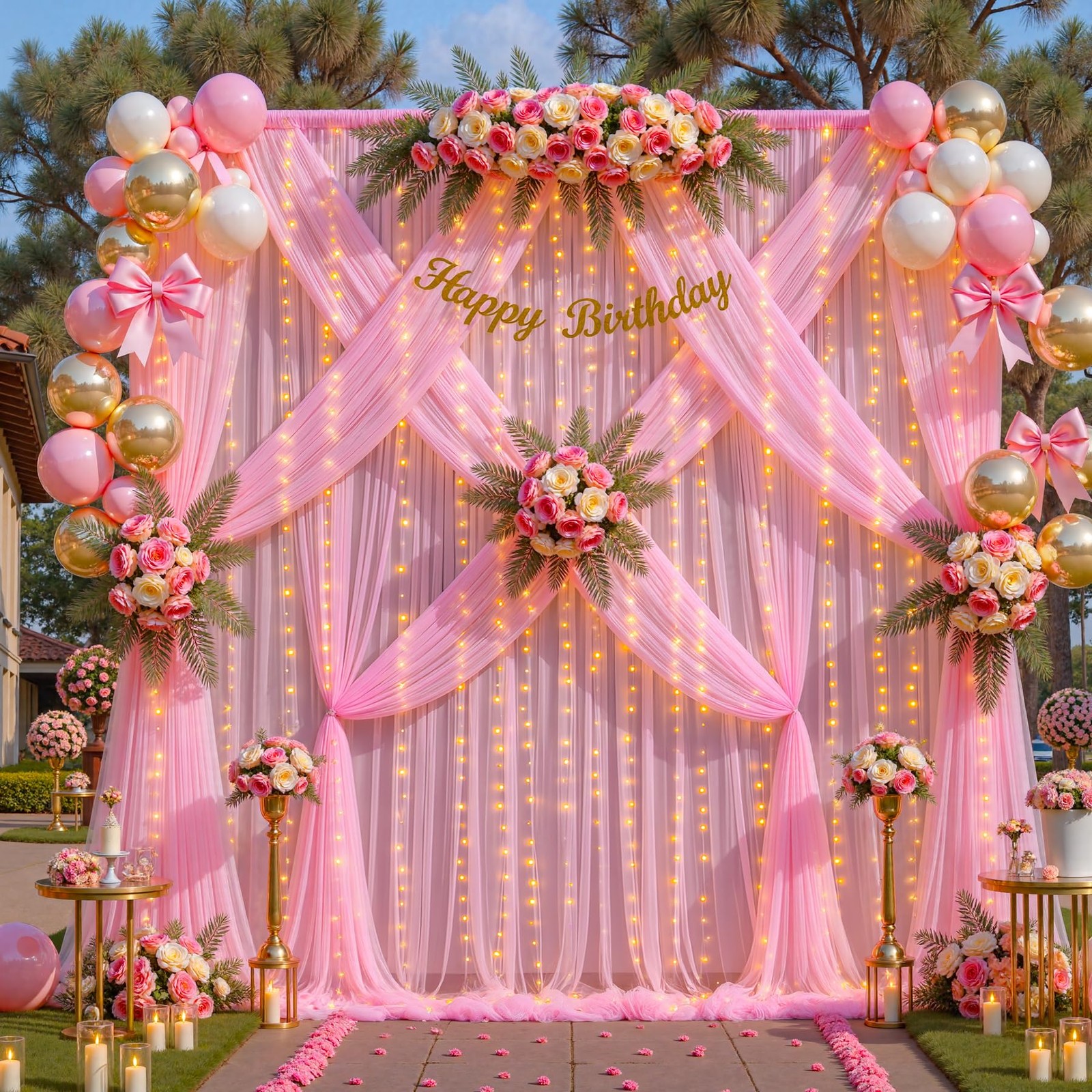 10×10 FT Baby Pink Tulle Photo Backdrop Curtain String Lights Wedding Party