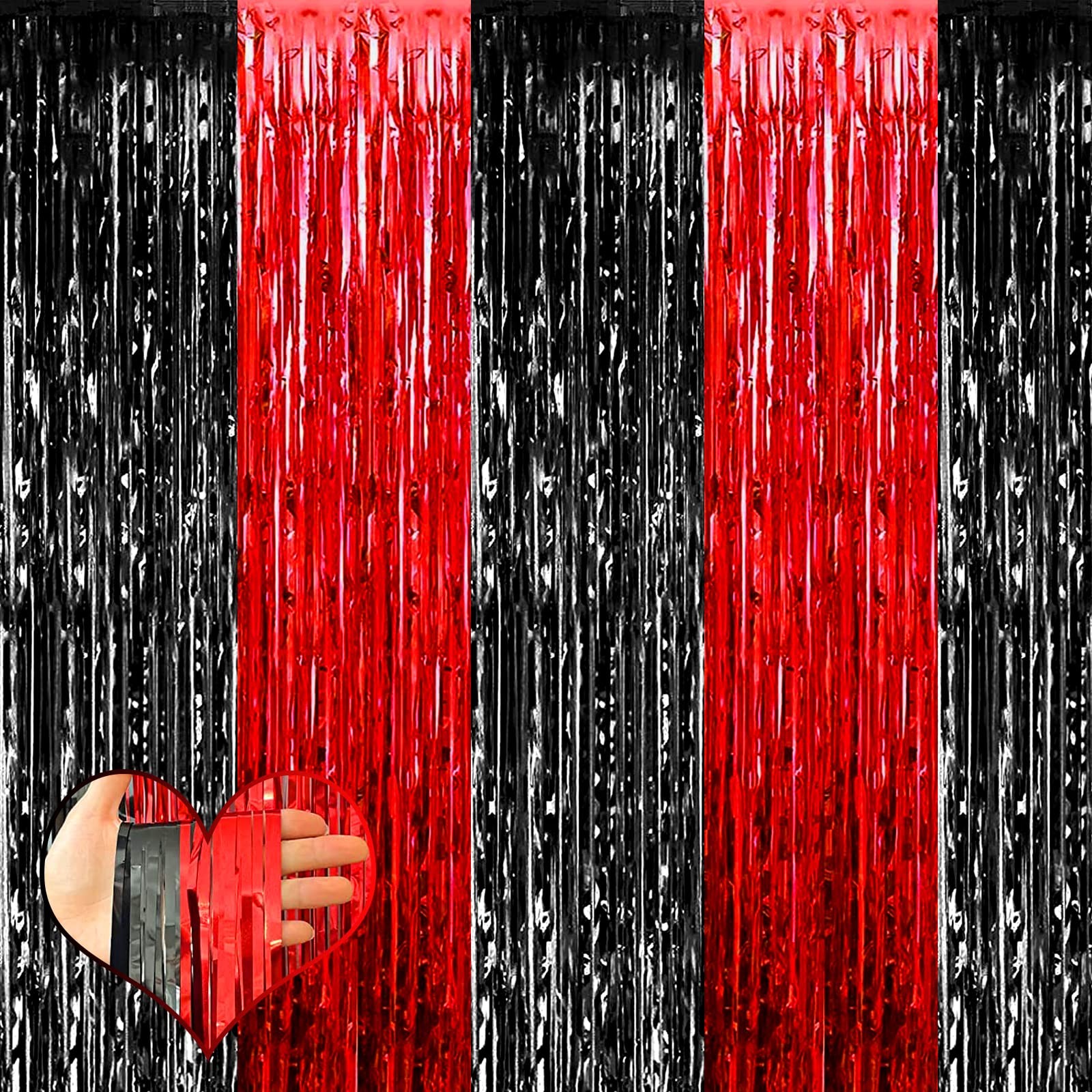 4 Pack 3.2Ft x 9.8Ft Black Red Fringe Curtain Backdrop, Metallic Tinsel Foil …