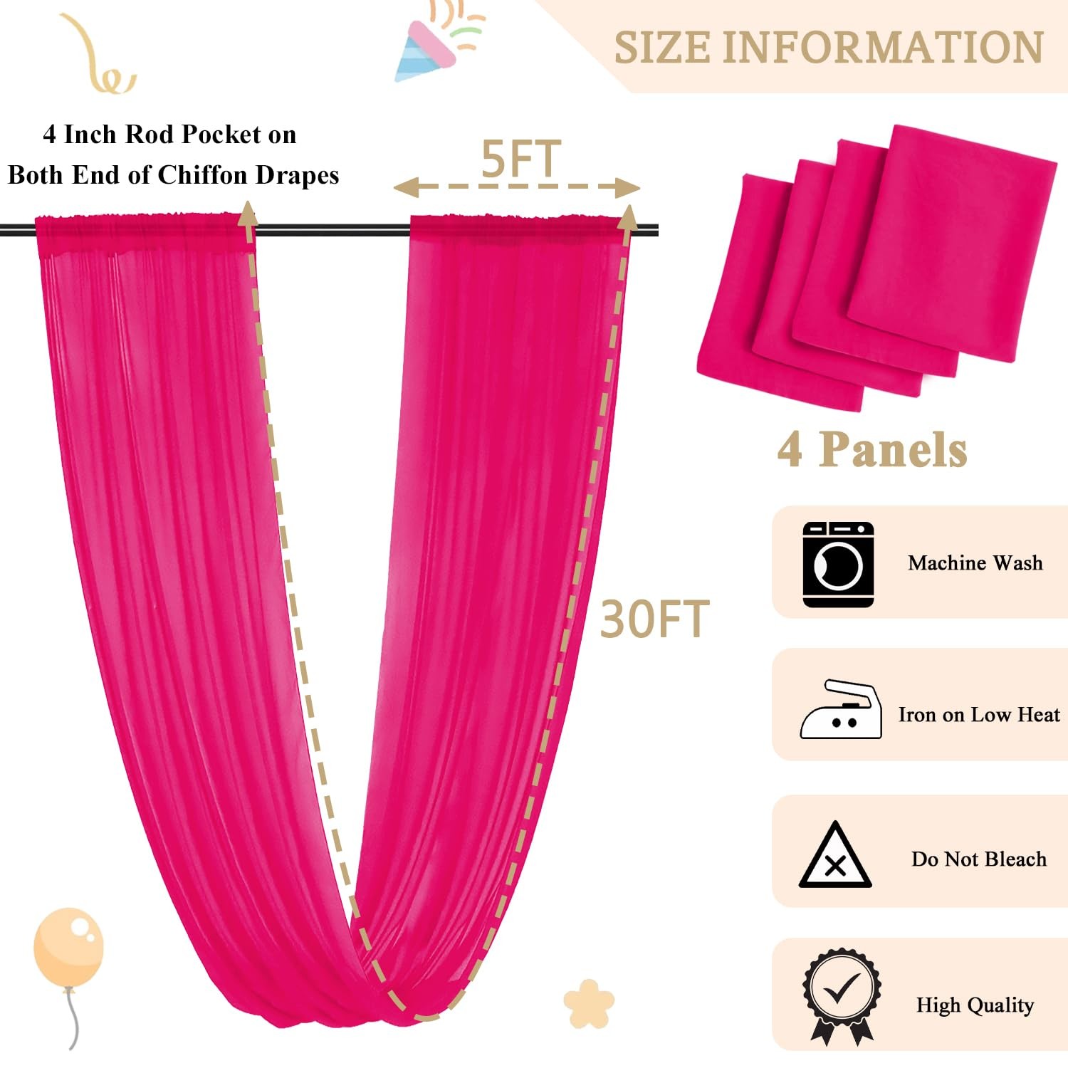 MODFUNS Wedding Ceiling Draping Hot Pink 60″W x 360″L (Pack of 4), Fuchsia