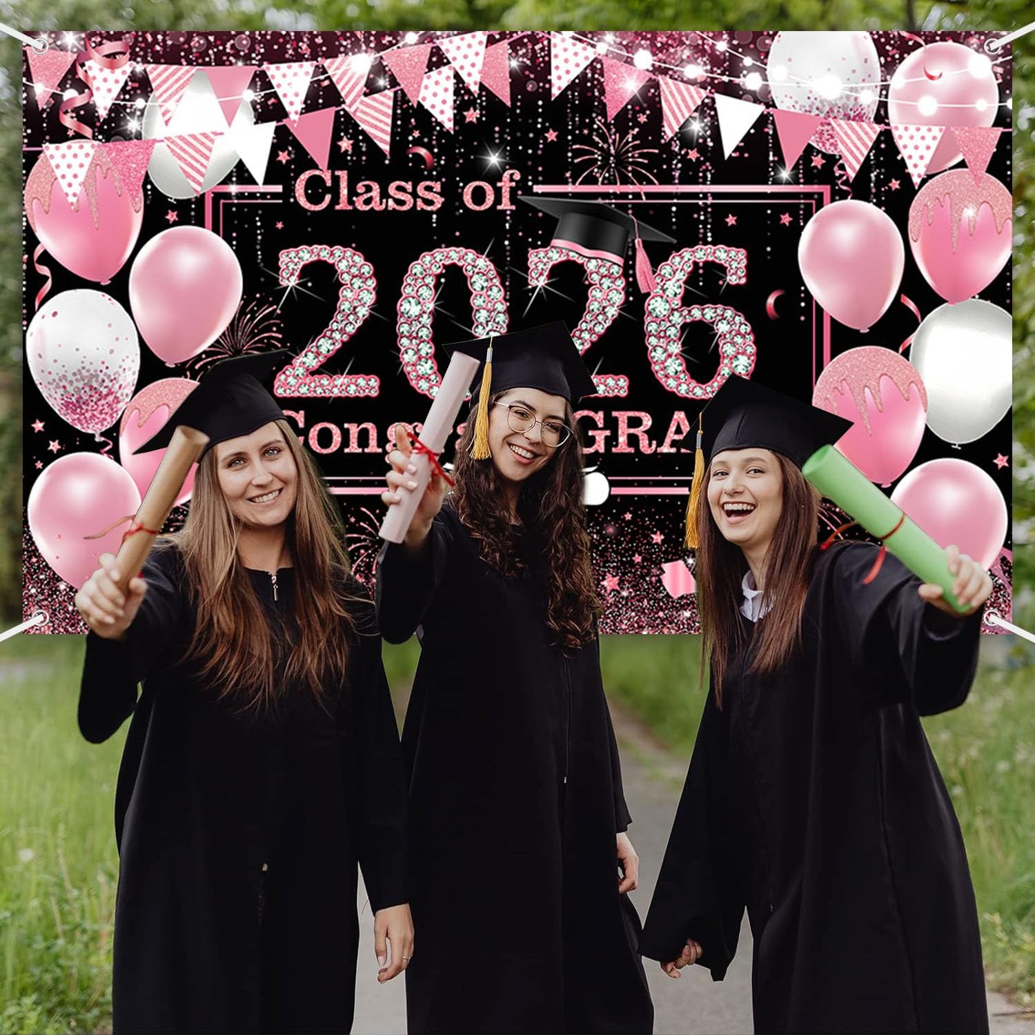 Pink Graduation Backdrop Decorations 2026 Pink Graduation Bnner Class of 2026…