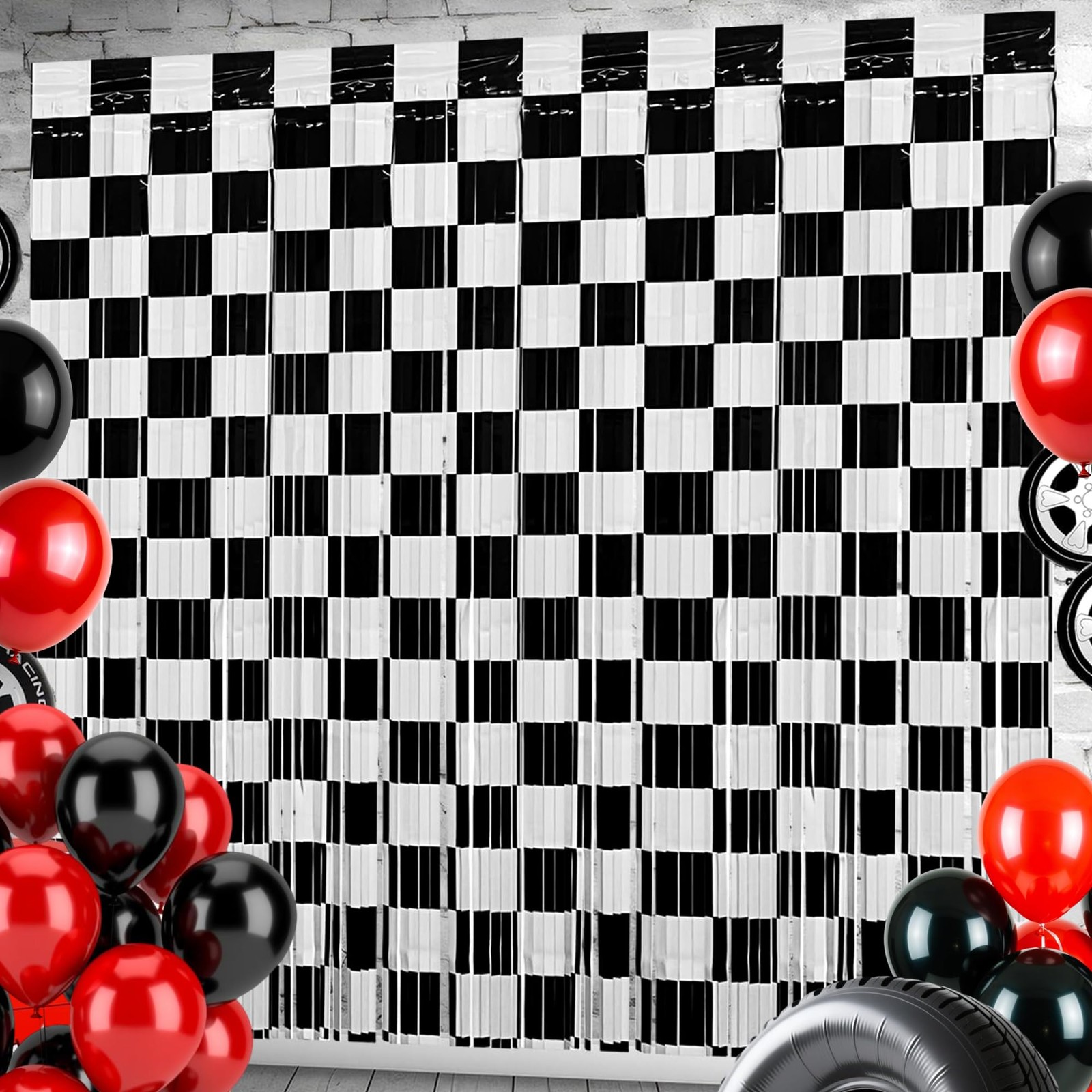 Birthday Party Streamers Photo Booth Backdrops Black White Checkered Foil