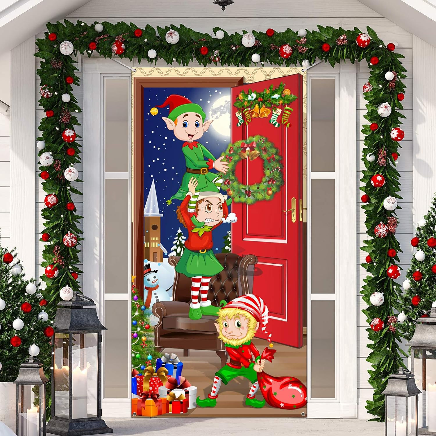 Funny Elves Fabric Door Backdrop – Santa Christmas Photo Booth Backdrop Banner a
