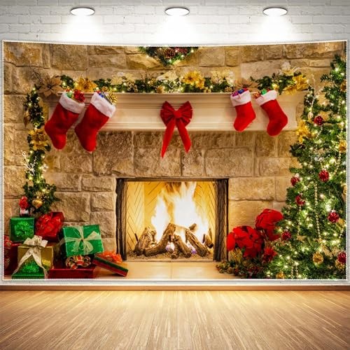 7x5ft Christmas Fireplace Theme Backdrop for Photography Tree Sock 7ft by 5ft