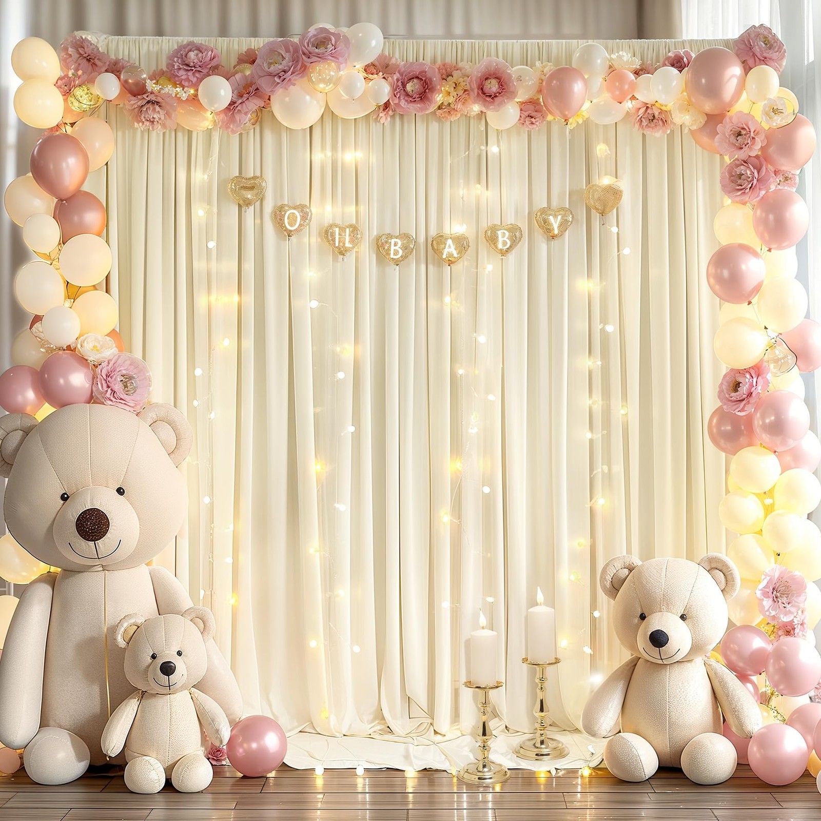 10x10FT Beige Backdrop Curtains Lights String Wrinkle Free Polyester Wedding
