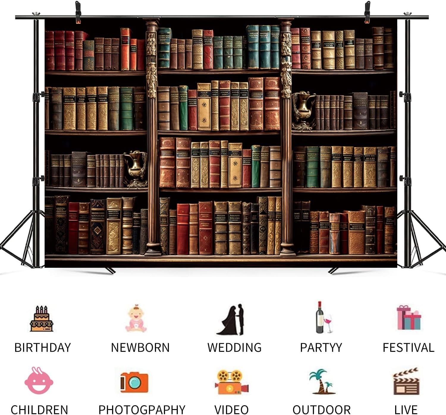 Vintage Bookshelf Backdrop 7x5FT Retro Library Photography Prop Medieval Theme D