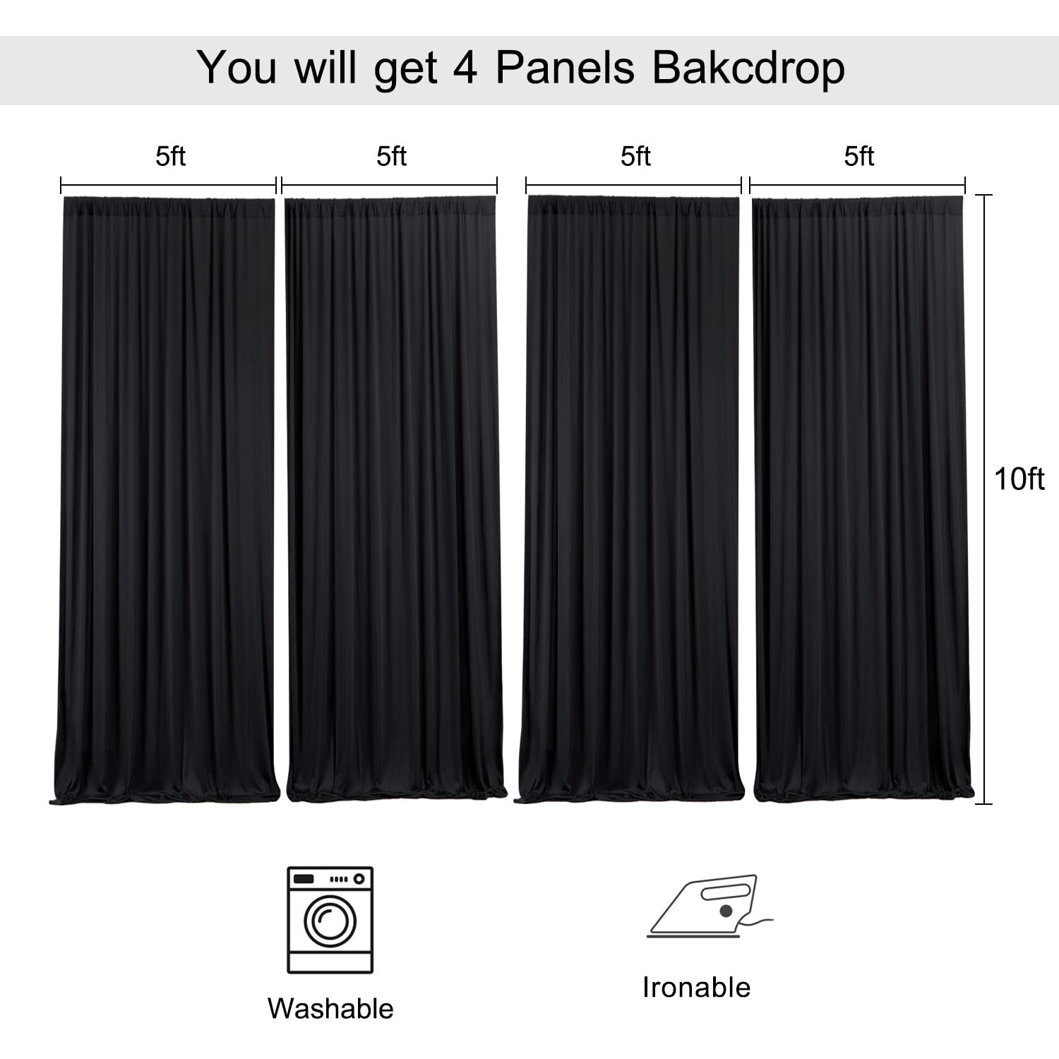 20ft x 10ft Wrinkle Free Black Backdrop Curtains for Parties, 4 Panels 5x10ft…