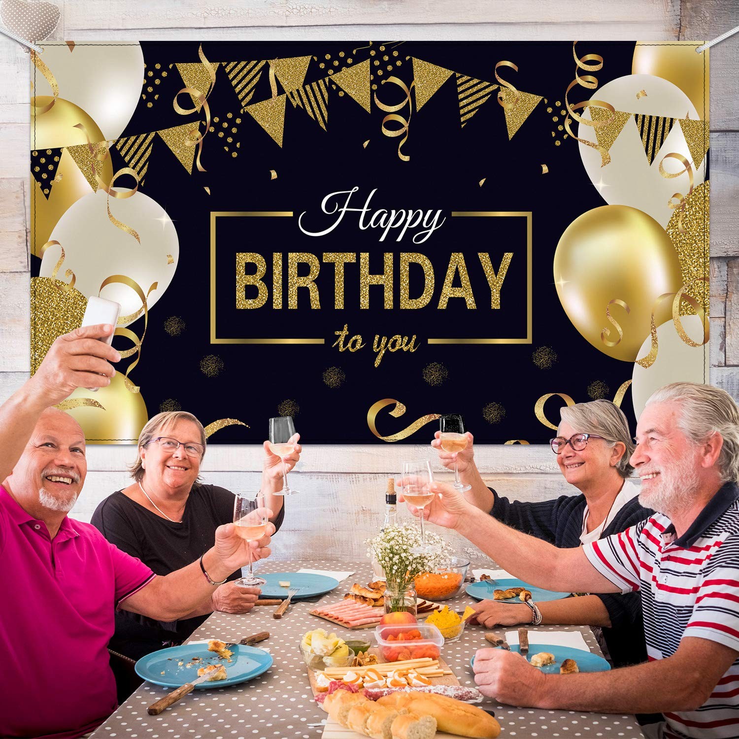 Happy Birthday Backdrop Banner Extra Large Black and Gold Sign Poster for Men Wo