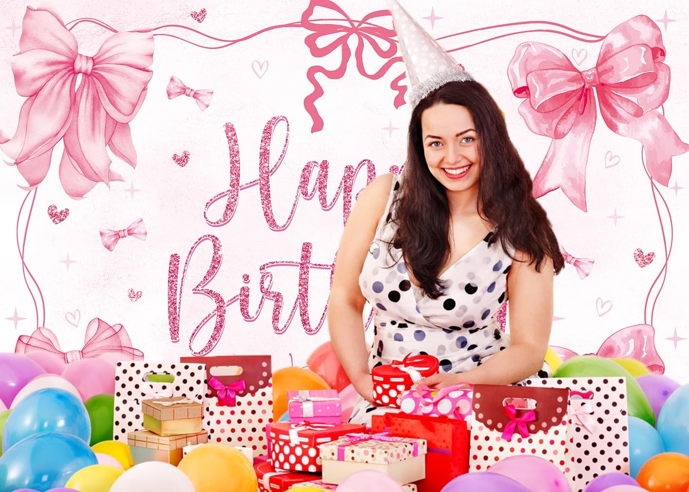Pink Bow Coquette Happy Birthday Party Theme Photo Backdrop 7x5ft Banner